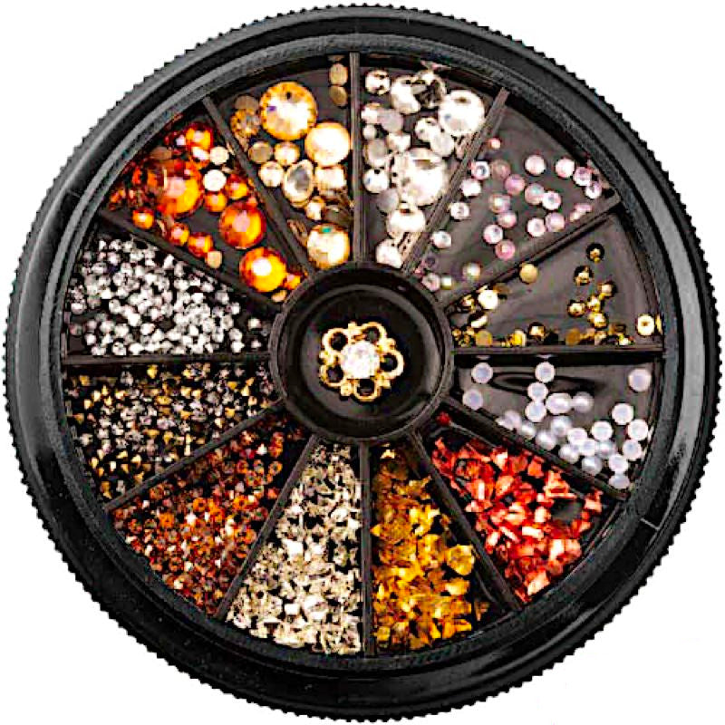 12-Piece Mixed Nail Art Decoration Wheels Kit with Rhinestones, Studs & Charms - DIY Manicure Accessories for Salon & Home Nail Designs
