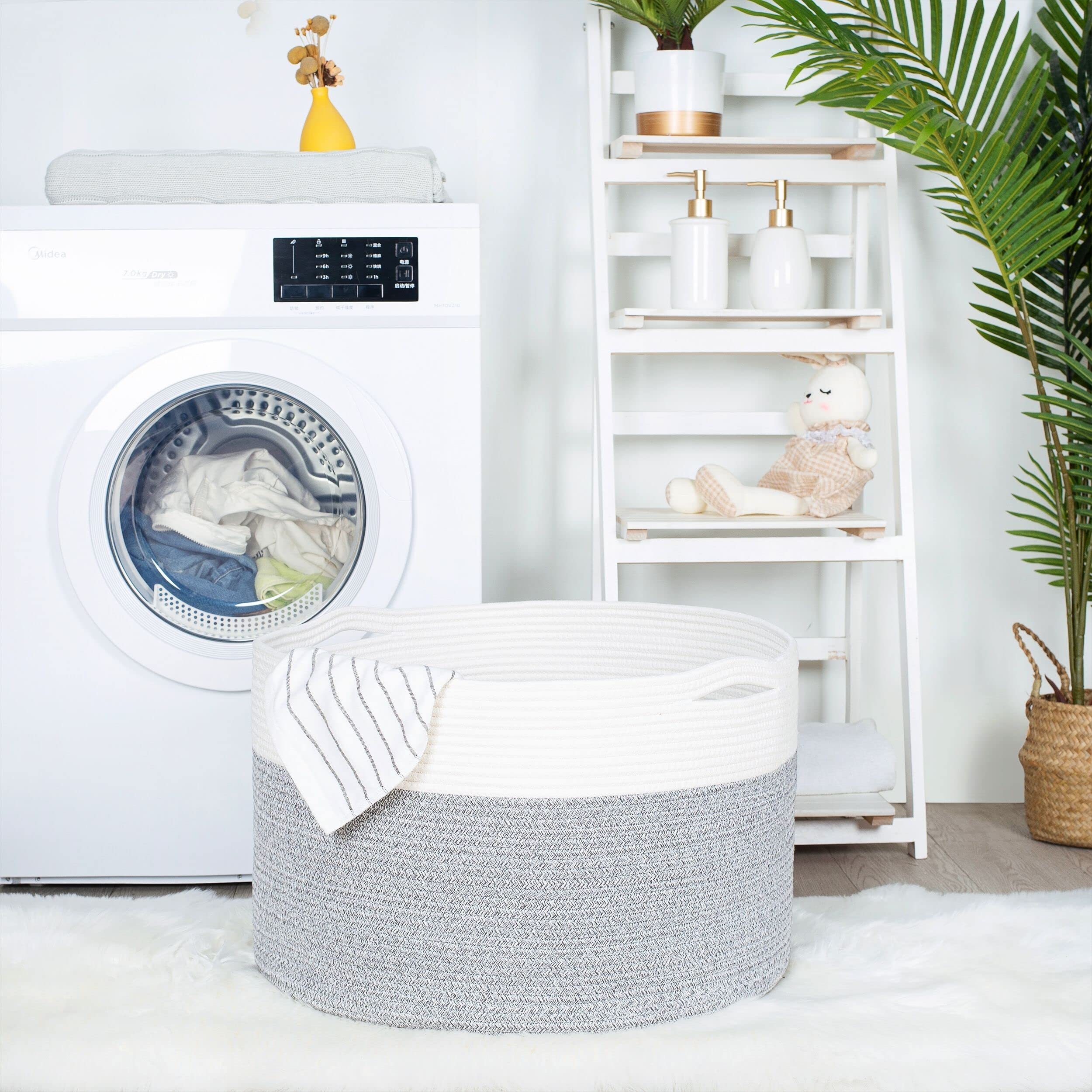 MINTWOOD Extra Large 22x14 Inch Woven Cotton Rope Storage Basket - Blanket Organizer, Laundry Hamper, Toy Bin for Living Room, Nursery & Bedroom - Light Grey Home Decor Storage Solution