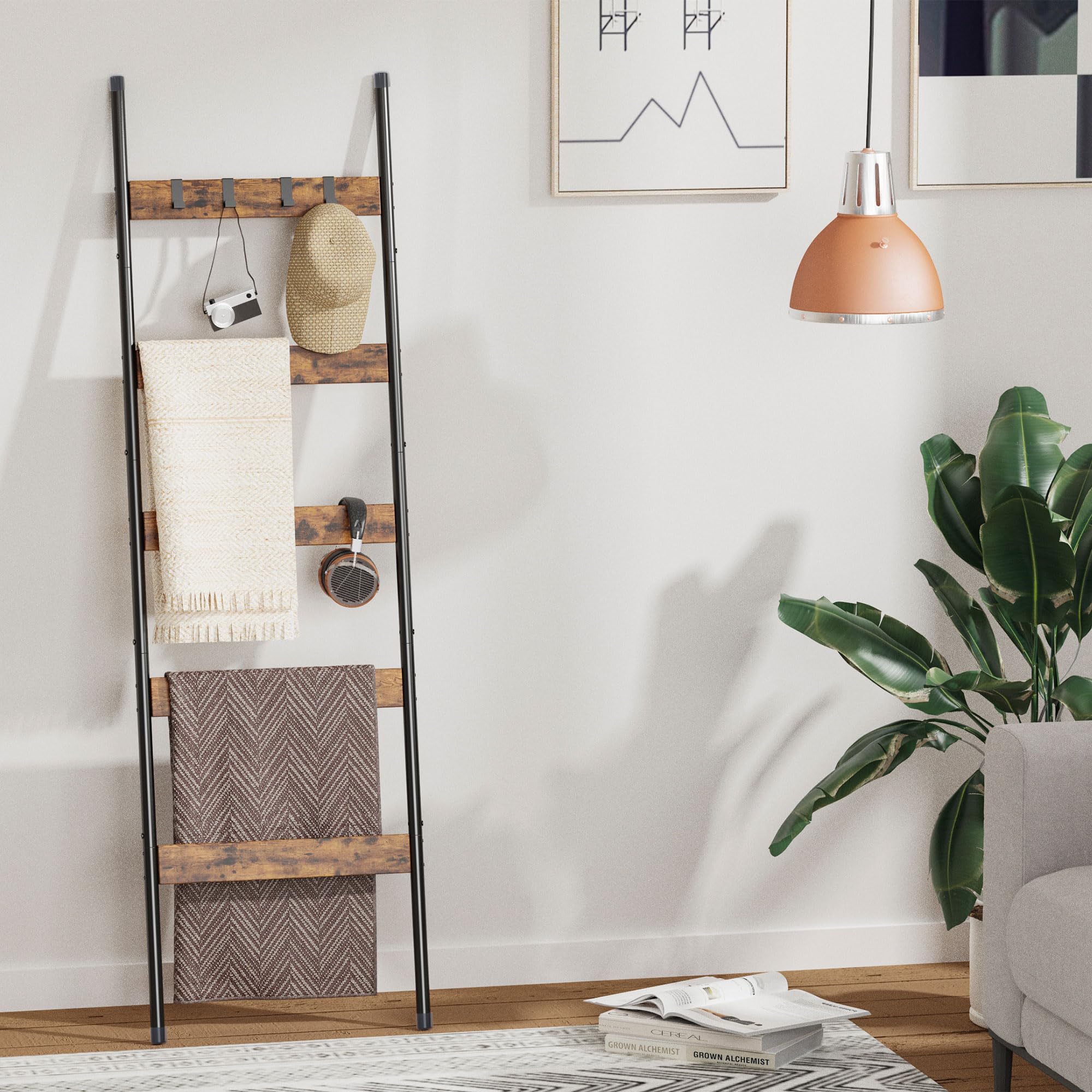 5-Tier Wooden Blanket Ladder with 4 Removable Hooks - Rustic Brown Farmhouse Wall Leaning Towel Rack - Decorative Shelf for Quilts, Blankets & Towels - Perfect for Living Room, Bedroom & Bathroom Organization