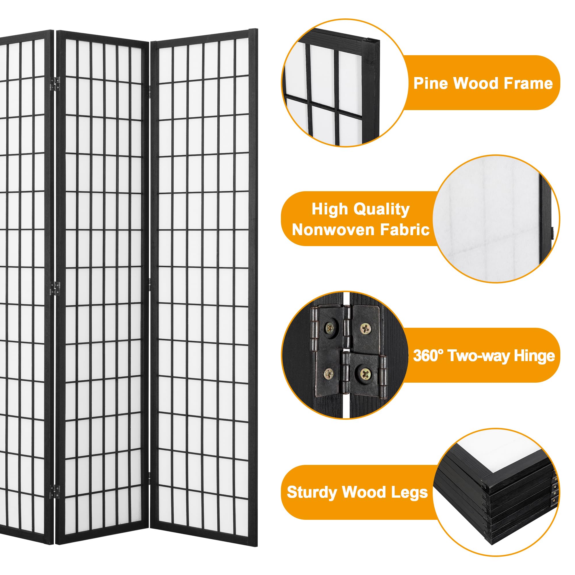 4 Panel Shoji Screen - Japanese Room Divider & Folding Privacy Screen for Living Room, Bedroom, Office - 66.9 Inches Tall, No Assembly Required, Black - Perfect for Home Decor, Zen Spaces & Room Partitioning