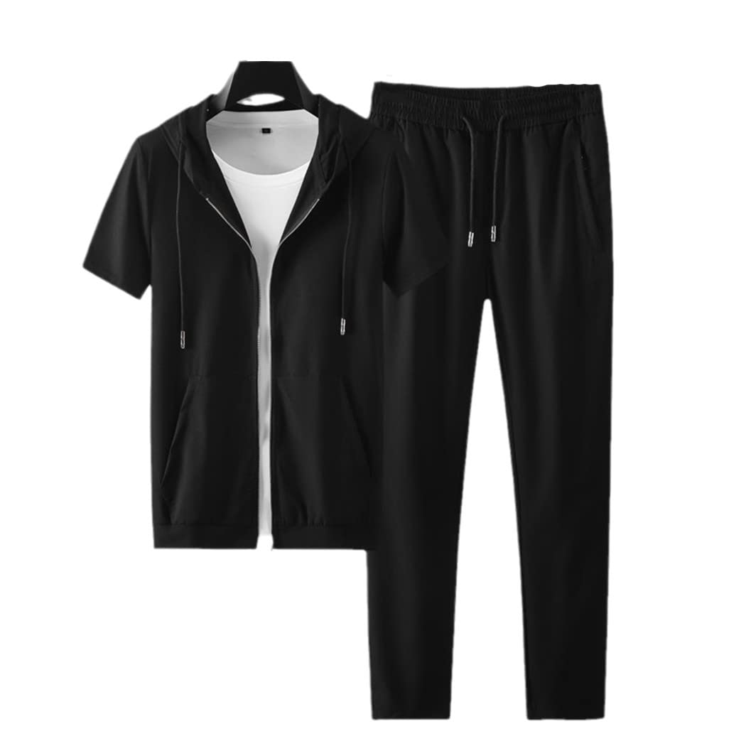Premium Men's Summer Hooded T-Shirt & Pants Set - Slim Fit Zipper Casual Sportswear for Gym, Running & Outdoor Activities