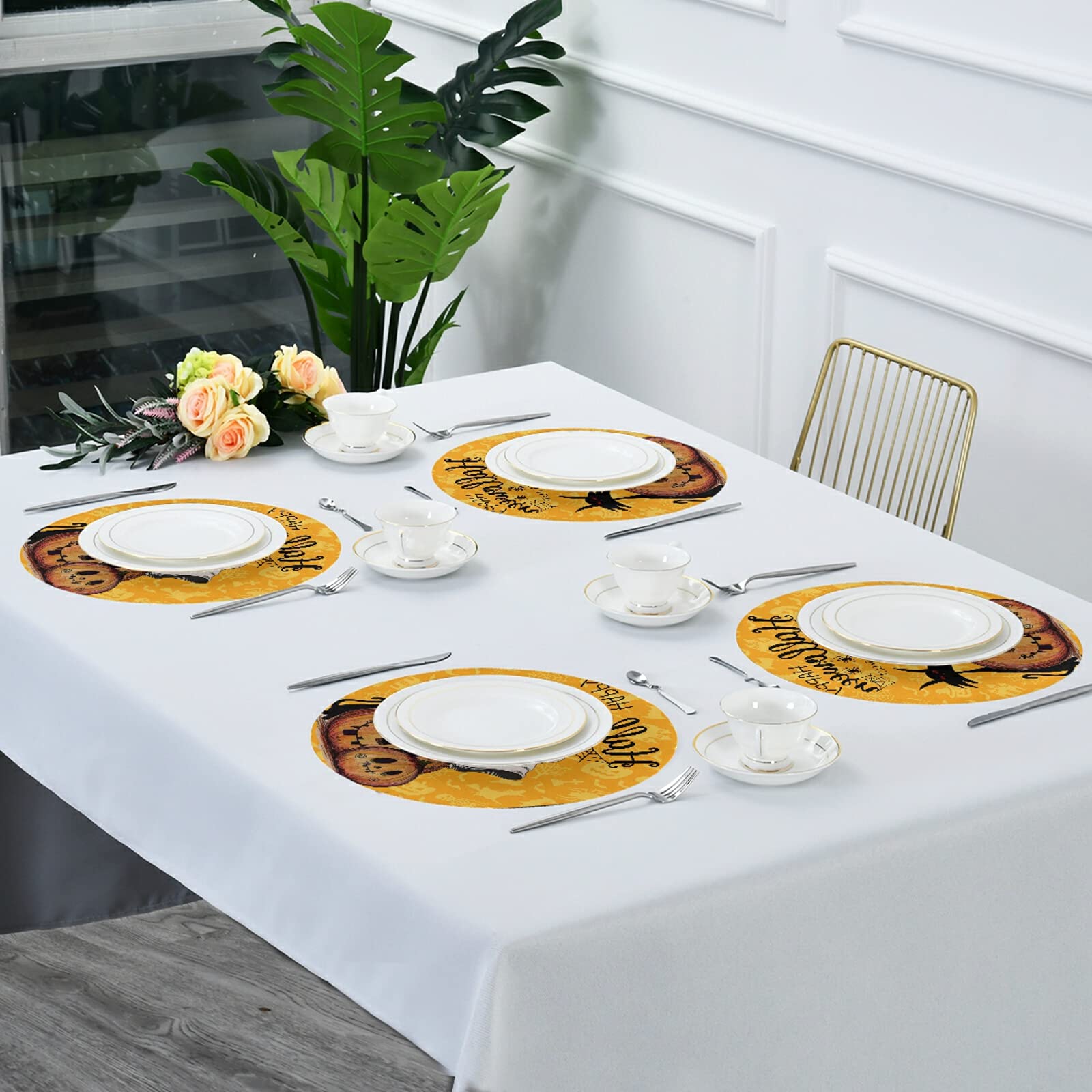 Halloween Placemats Set of 4 - 15 Inch Round Pumpkin Table Mats for Dining, Fall & Thanksgiving Decor | Waterproof & Durable for Holiday Parties, Family Gatherings & Seasonal Home Decor