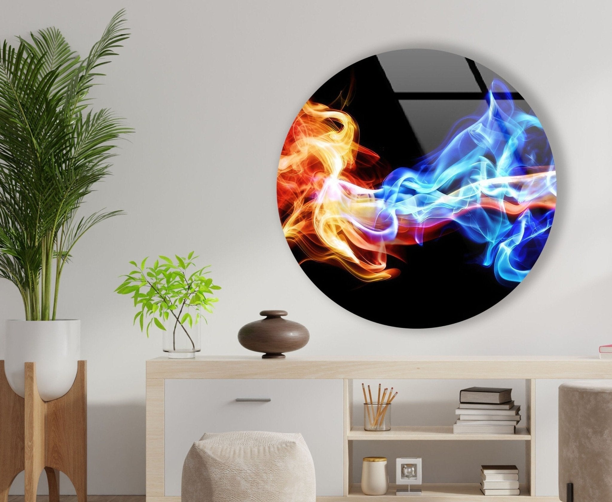 Abstract Round Orange & Blue Glass Wall Art - Modern Handmade Home Decor for Living Room, Bedroom & Office - Unique Glass Artwork for Wall Decor & Gifts