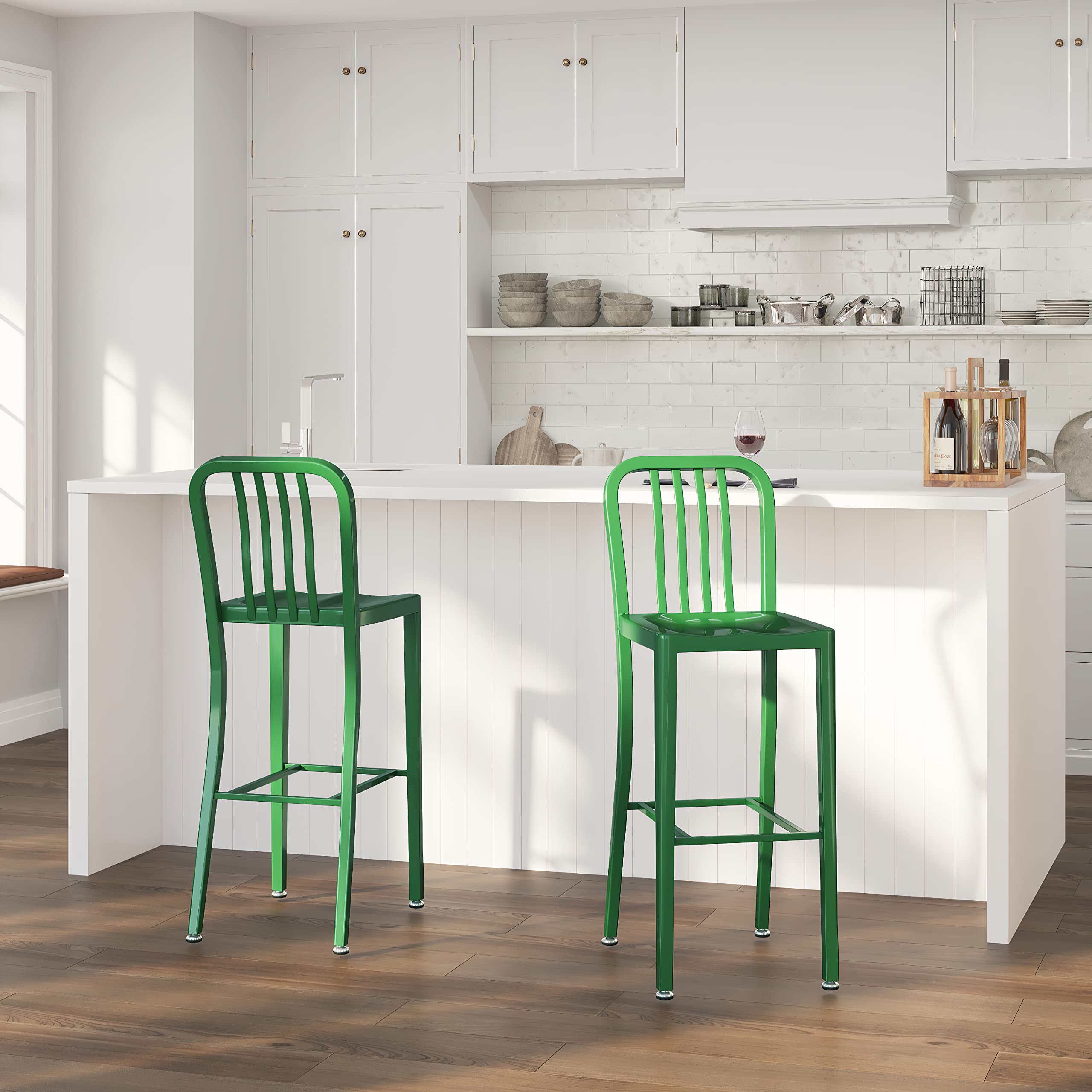 Merrick Lane Santorini Indoor/Outdoor Bar Stool - Green Steel Counter Height Stool with Curved Seat - Perfect for Kitchen Islands, Patio Bars & Dining Counter Use