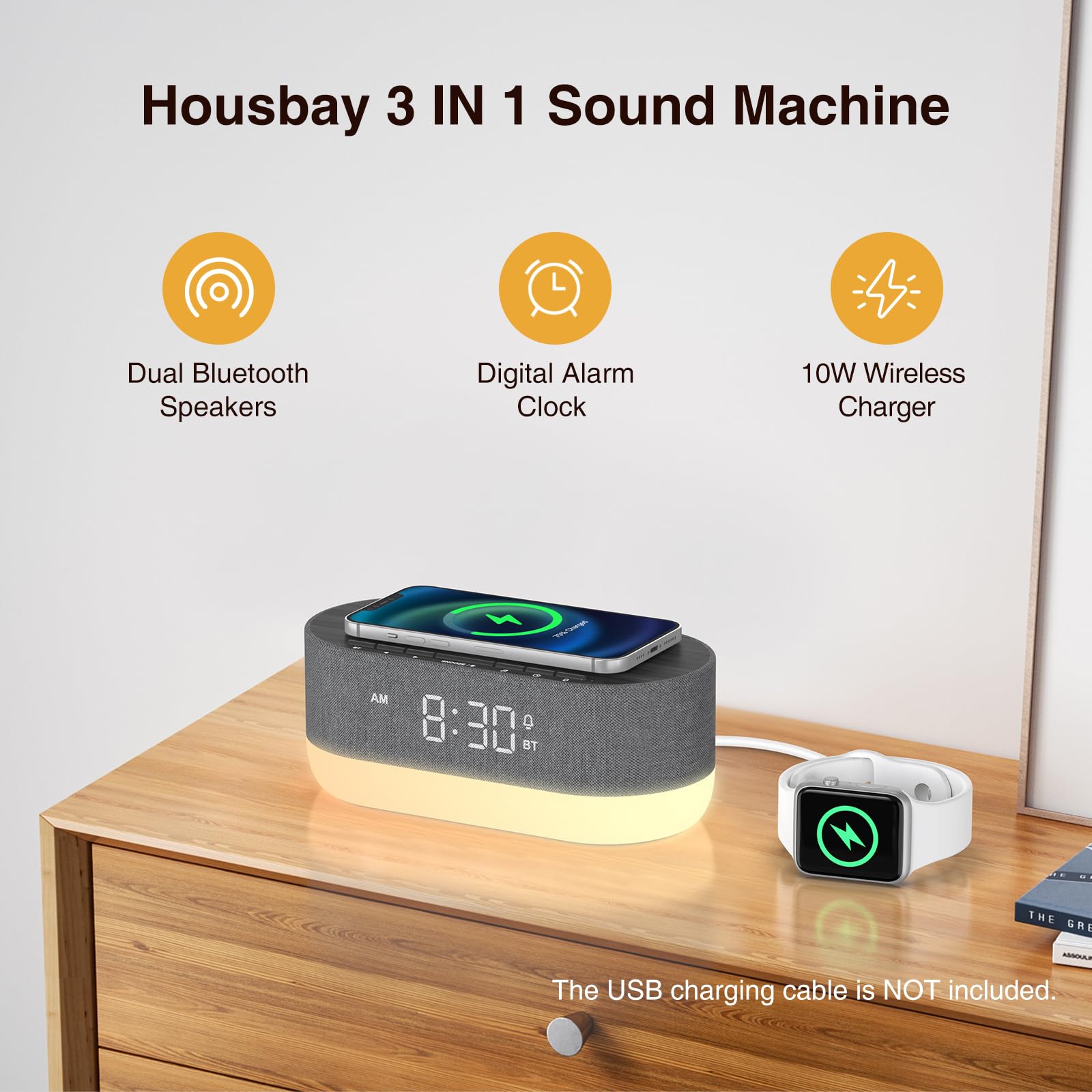HOUSBAY Bluetooth Sound Machine with Alarm Clock - Dual Speaker White Noise Machine for Sleeping, 21 HiFi Sounds & 10W Wireless Charger, 10 Night Light Colors - Perfect for Bedrooms, Nursery, Office & Meditation (Black)