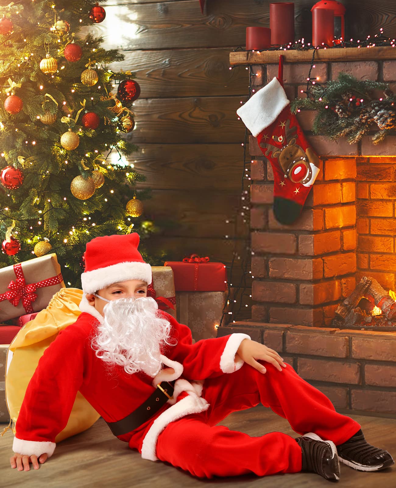 Kids Santa Costume Set - Velvet Santa Claus Suit for Boys & Girls (6PCS, Large) | Christmas Party Outfit, Holiday Photo Shoot, School Play Costume