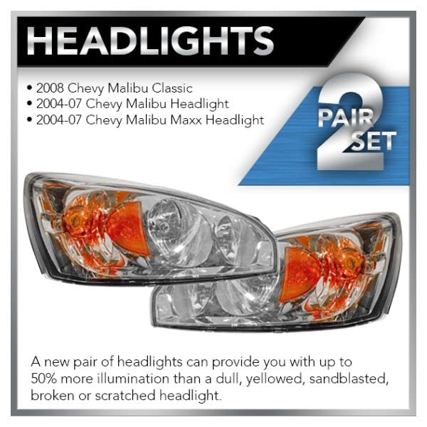 2004-2008 Chevrolet Malibu Headlight Assembly Set - Driver & Passenger Side Replacement (GM2502235 & GM2503235 Compatible) - Perfect for Night Driving & Foggy Conditions