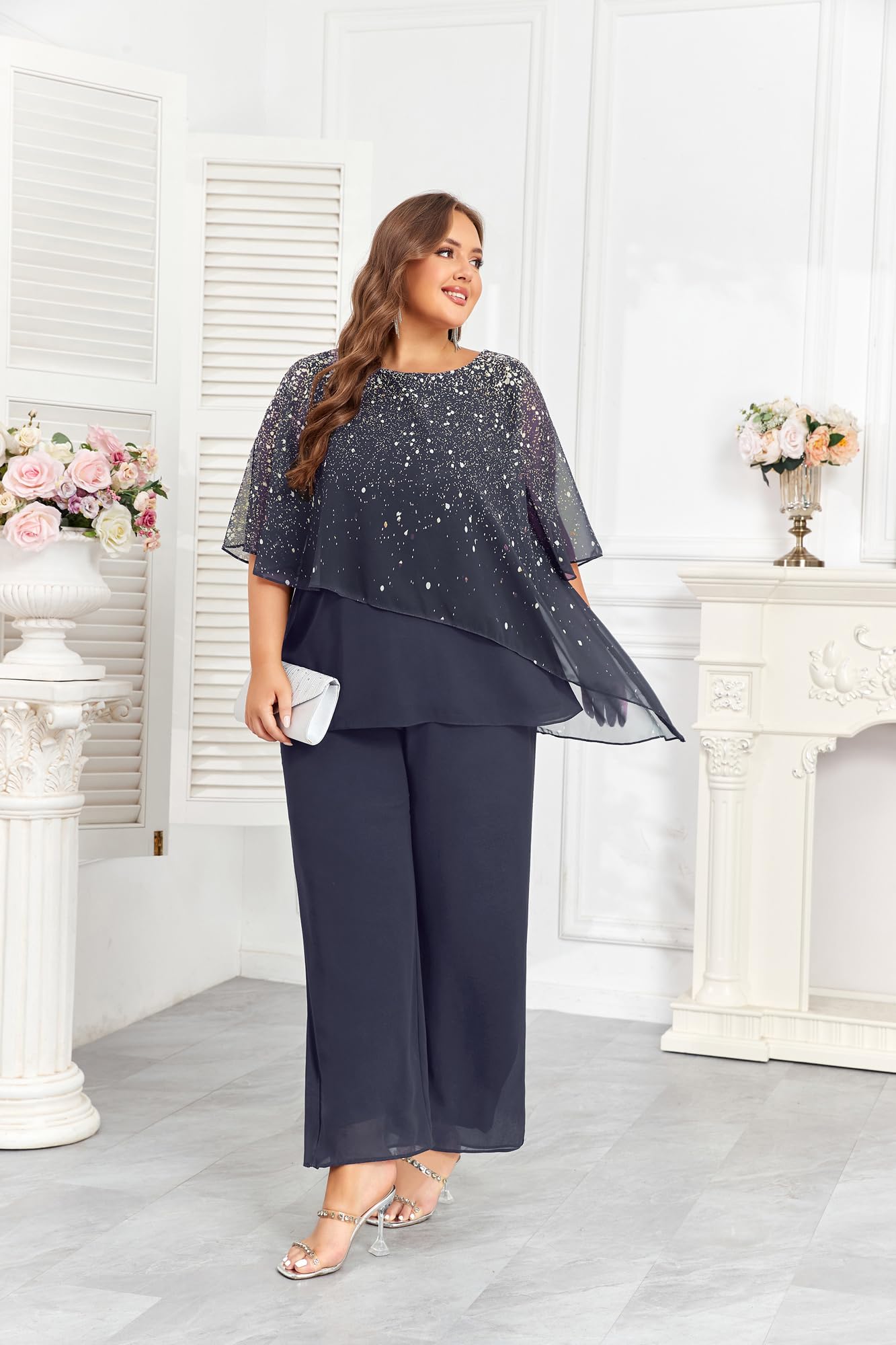 Hanna Nikole 2024 Plus Size Mother of Bride Pant Suits 2 Piece Set - Ruffle Layers Chiffon Outfit with Gradient Print for Wedding Guest, Special Occasions & Formal Events
