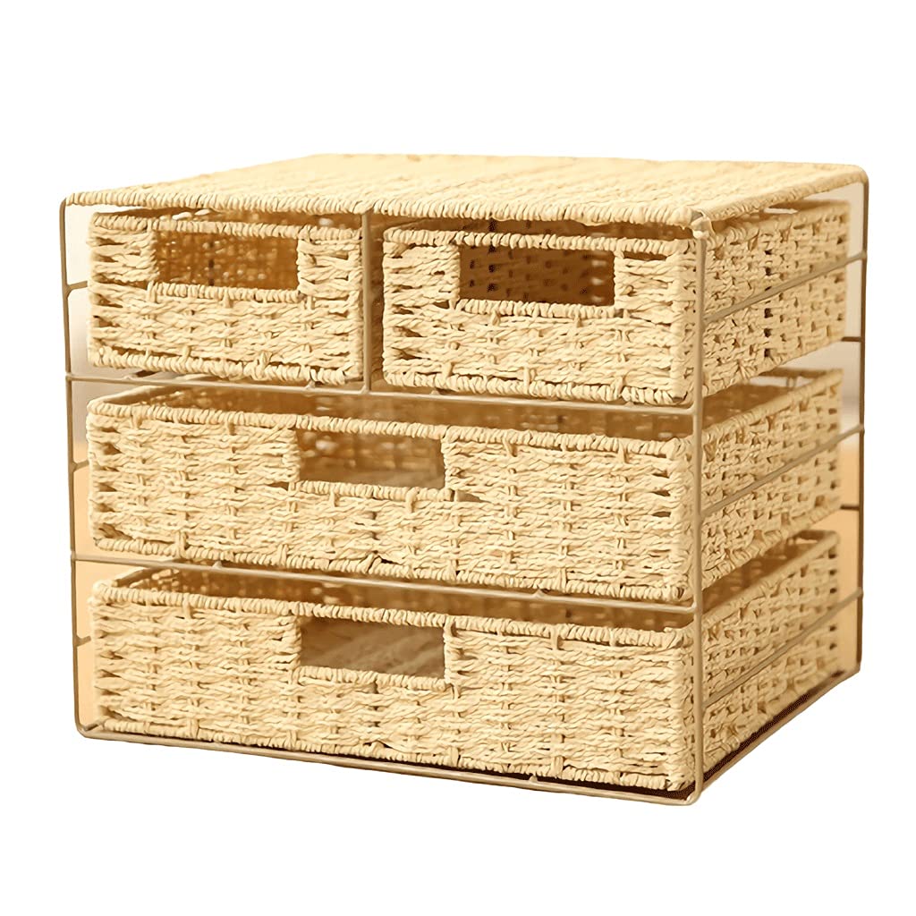 Multi-Layer Woven Storage Box with Drawer - 11x13.4x11 Inch Beige Desktop Organizer for Office Supplies, Stationery & Files | Perfect for Home Office, Study Desk & Workspace Organization