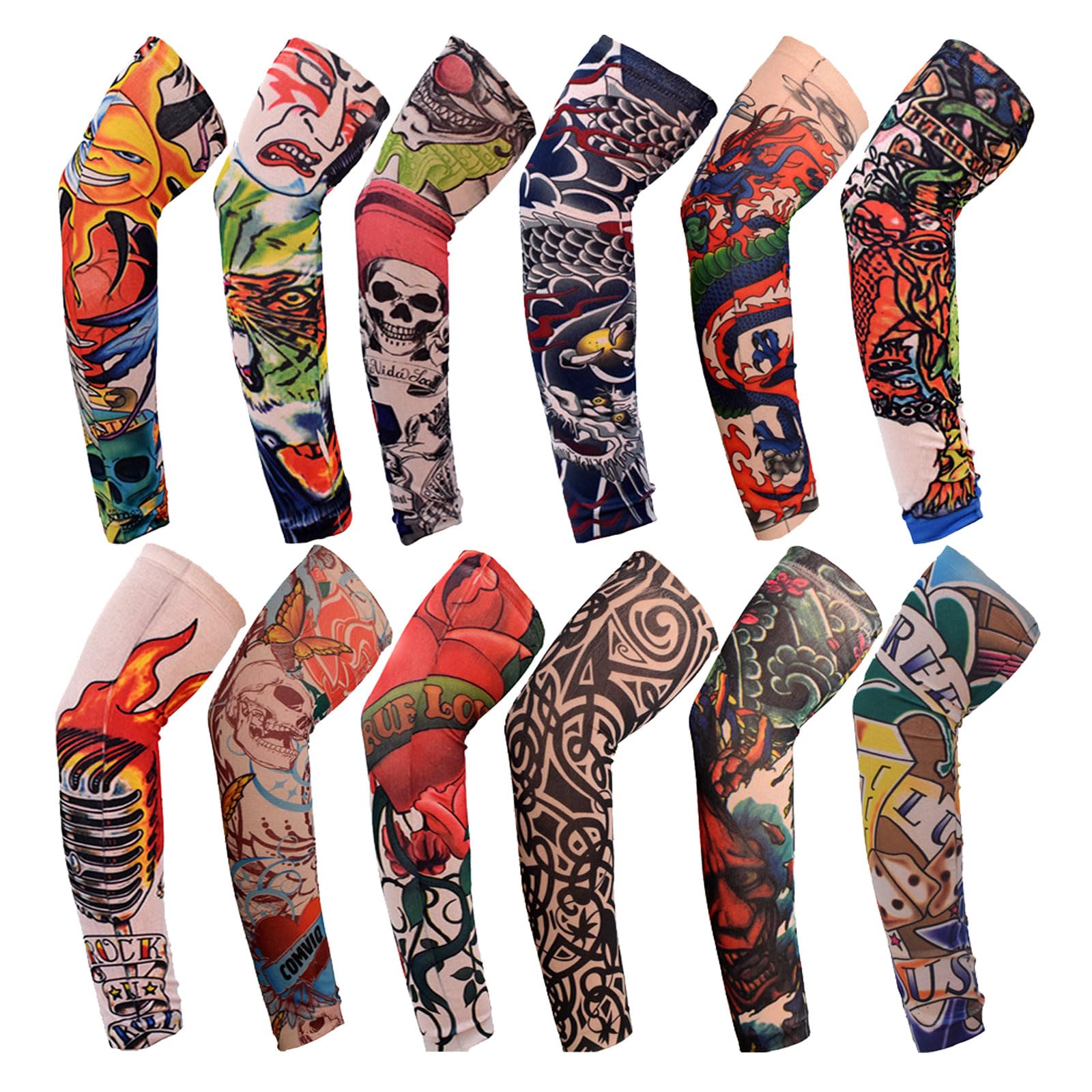 TSHAOUN 12 PCS Tattoo Sleeves for Men & Women - Realistic Temporary Arm Tattoo Covers for Parties, Halloween, Cosplay, Carnivals - Perfect for Costumes, Festivals & Themed Events
