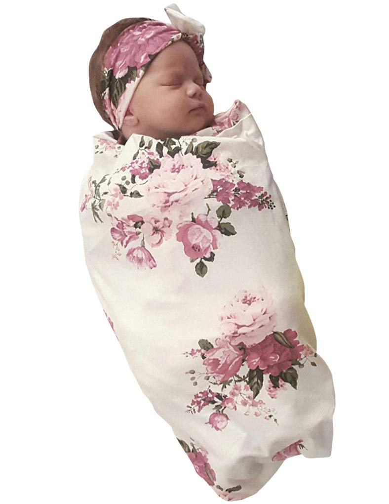 Soft Floral Baby Receiving Blankets - Newborn Swaddle Wrap & Headband Set for Girls - Perfect for Summer, Sleeping, and Coming Home Outfits