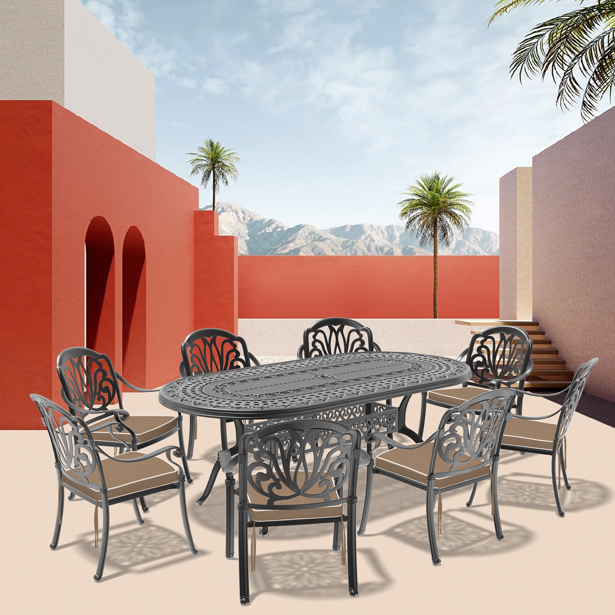9-Piece Cast Aluminum Patio Furniture Set with Cushions (Random Colors) - Durable Outdoor Dining Set for Garden, Poolside & Backyard Relaxation