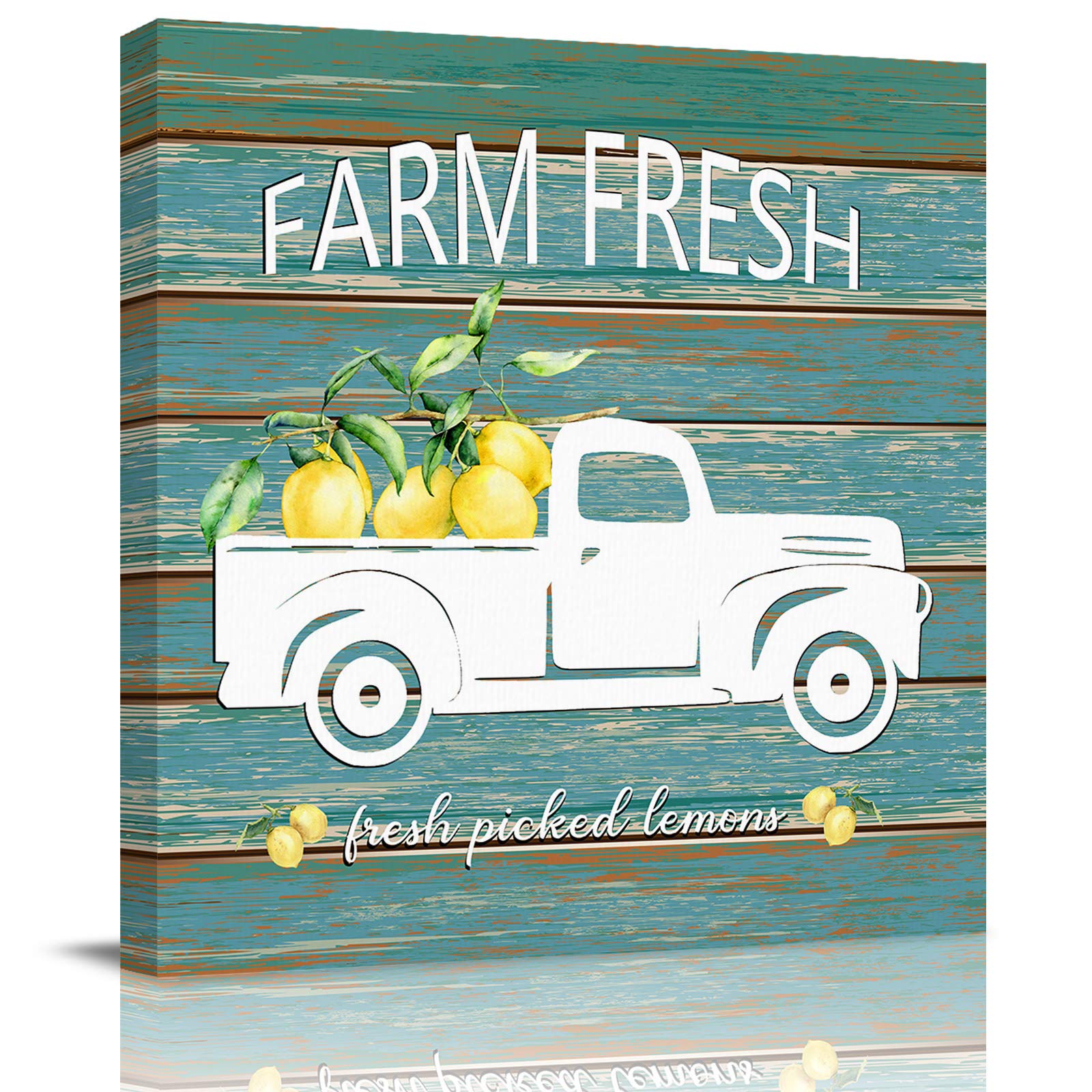 Blue Wood Plank Oil Painting on Canvas - Fresh Lemon Summer Farm Truck Wall Art - Modern Home Decor for Living Room - Ready to Hang 28x28 Inches - Perfect for Farmhouse, Rustic or Coastal Style Interiors