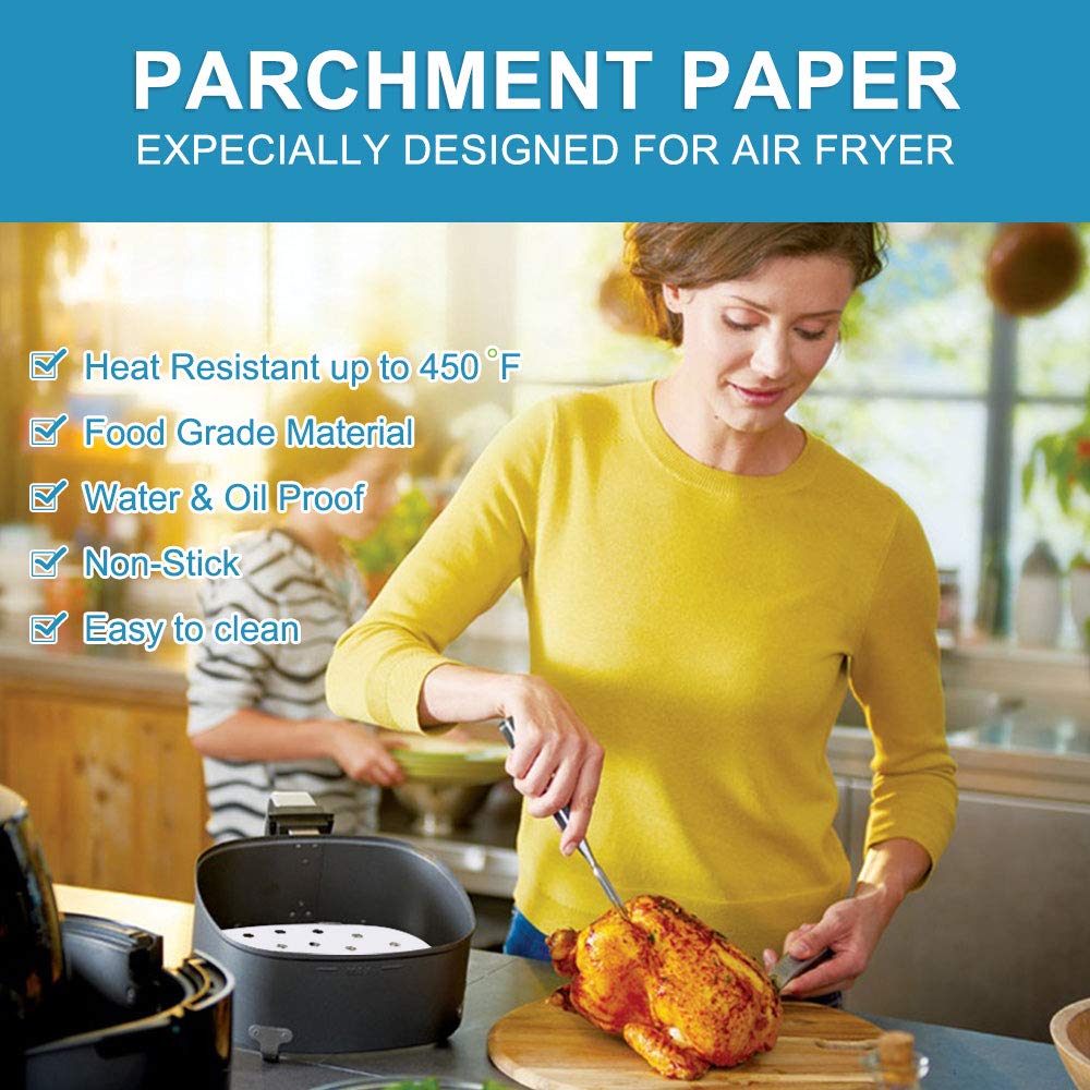 Non-Stick Air Fryer Liners - 100 Pack 8.5 Inch Perforated Parchment Paper Sheets for Philips, Cosori, Ninja & Most Air Fryers | Reusable, Oil-Free Cooking for Healthy Meals & Snacks