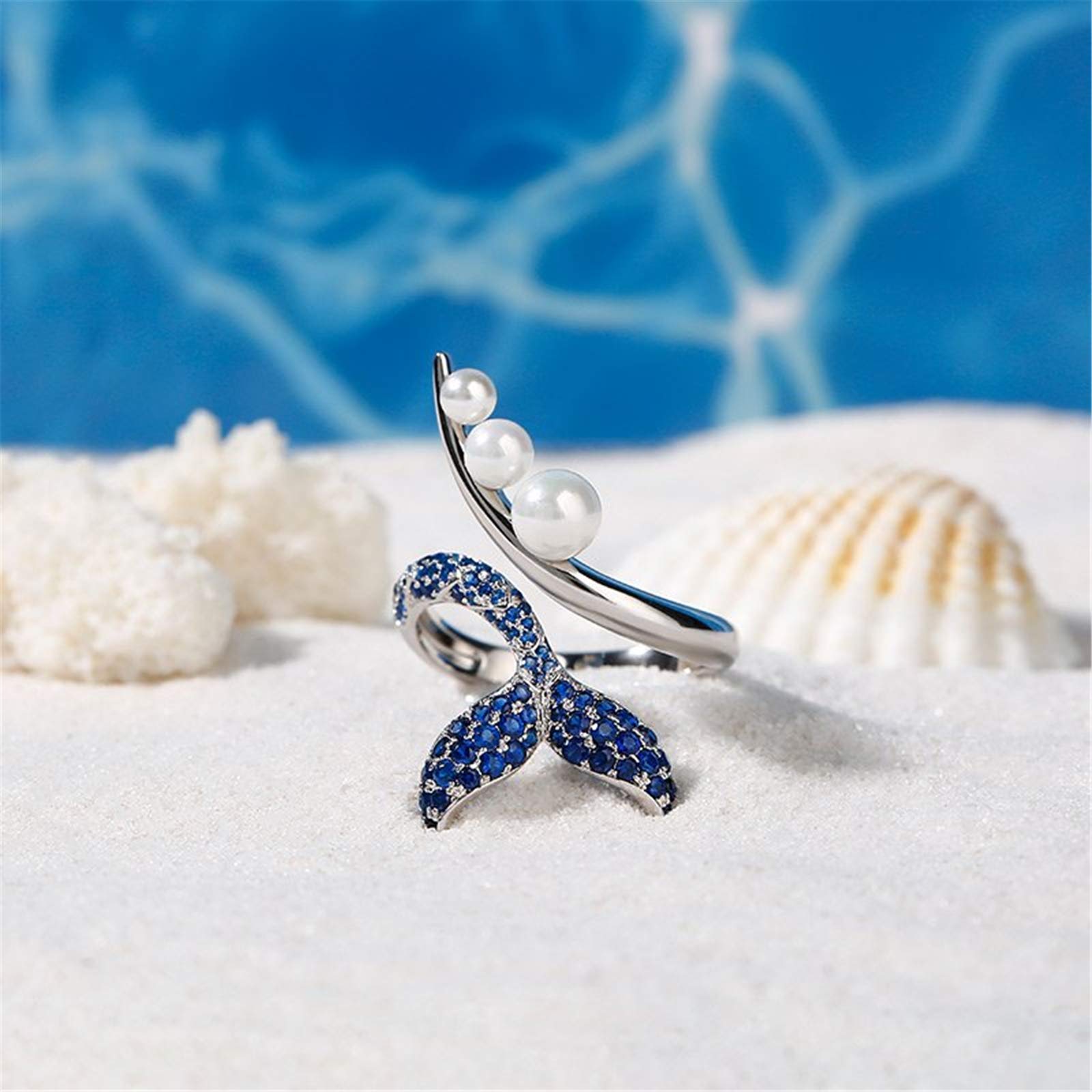 Dancing by The Moonlight Mermaid Tail Sterling Silver Ring for Women - Faux Pearl Elegant Jewelry for Wife, Girlfriend, Engagement, Wedding, Anniversary, Christmas & Birthday Gift with Jewelry Box | Perfect for Romantic Occasions, Date Nights & Special Celebrations