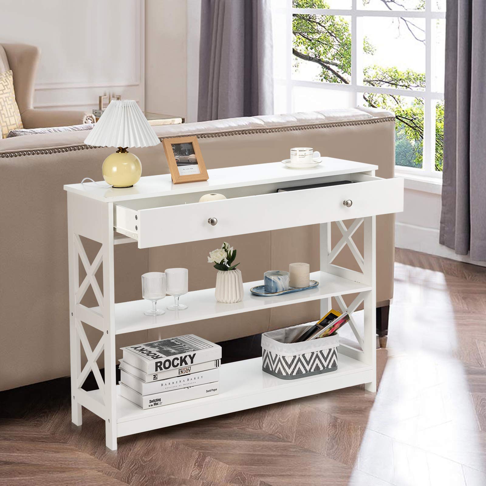 Giantex 3-Tier Console Table with 2 Drawers & Shelves, Modern Entryway Sofa Table with Spacious Desktop - Elegant Hallway, Living Room, Office Side Table (White) | Perfect for Small Spaces, Apartments & Home Décor
