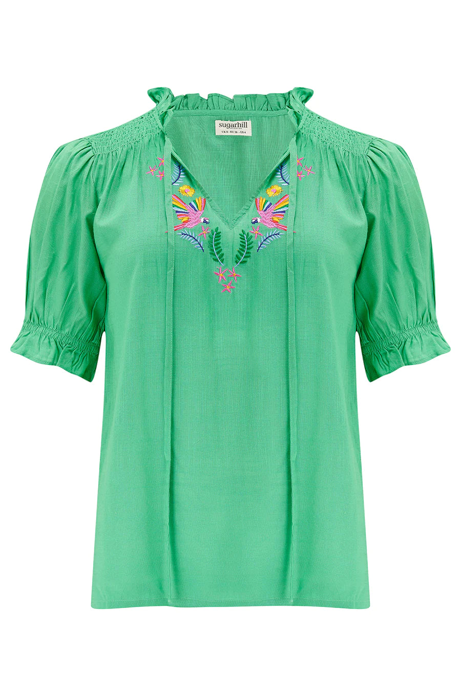Angelique Top with Green Rainbow Parrots Embroidery - Women's Floral Embroidered Blouse for Summer, Beach & Boho Style Outfits