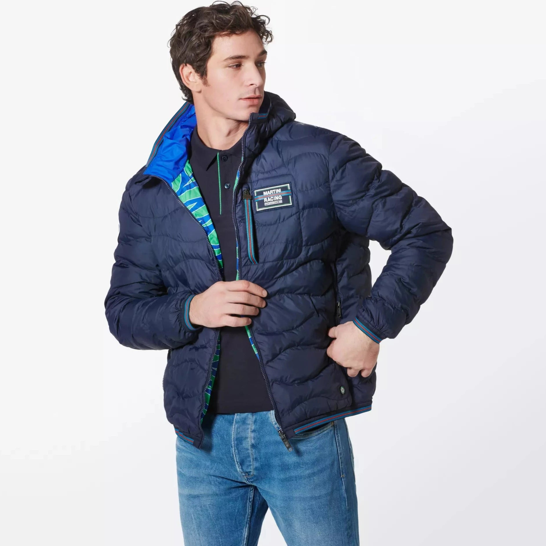 Porsche Men's Reversible Quilted Jacket - Martini Racing Style (Hippie Design) | Lightweight Winter Coat for Casual Wear & Outdoor Activities