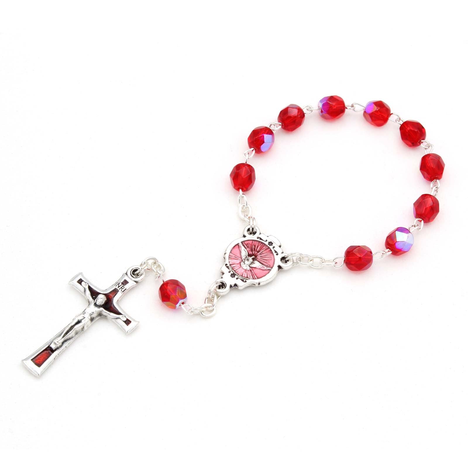1 Decade Rosary with Red Crystal Beads & Holy Spirit Crucifix - Catholic Prayer Beads for Devotion, Meditation & Spiritual Gifts
