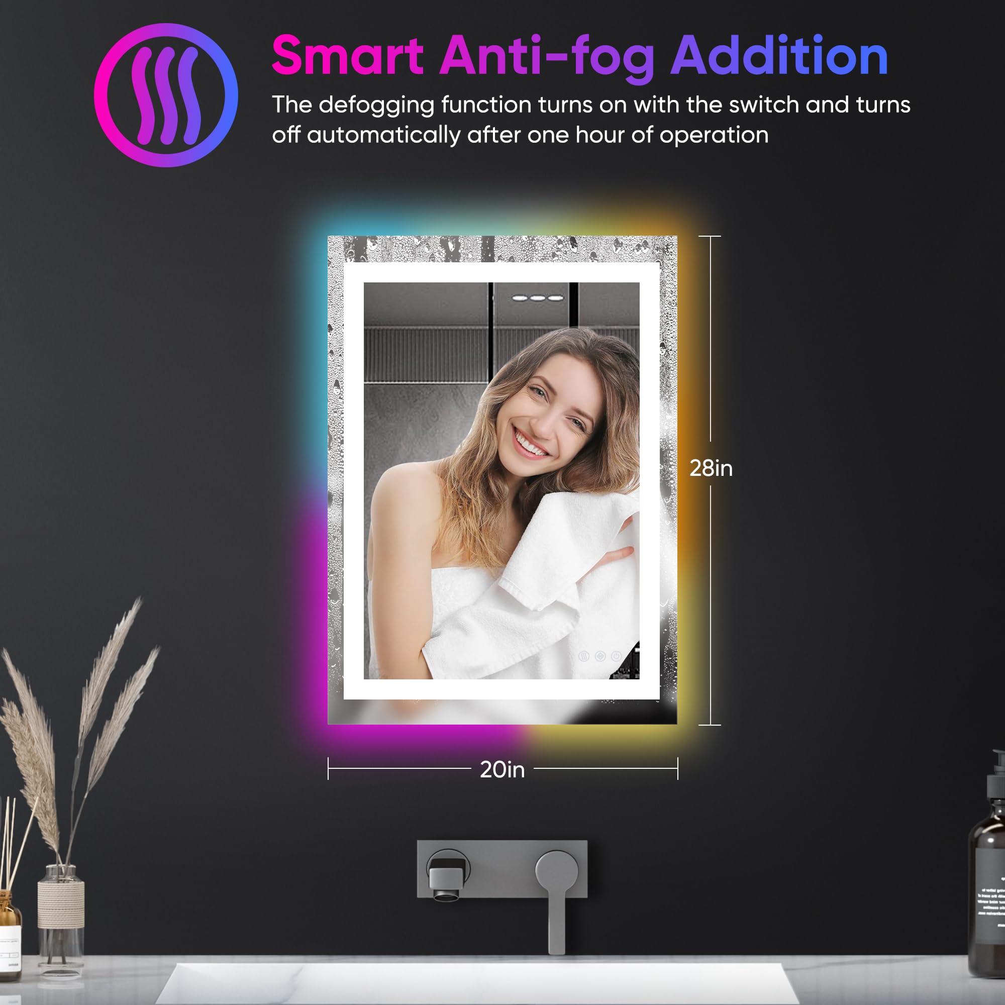 Antok 20x28 LED Bathroom Mirror with Lights - Anti-Fog, Dimmable for Vanity Makeup