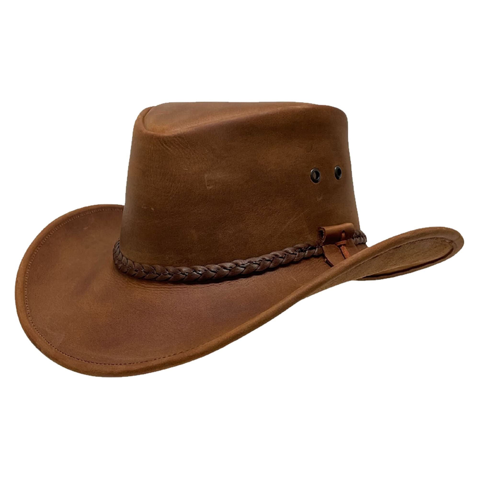 Premium Handcrafted Leather Bushman Outback Hat - 100% Top Grain Leather, UV Sun Protection, Lightweight & Breathable for Outdoor Adventures, Hiking, and Travel