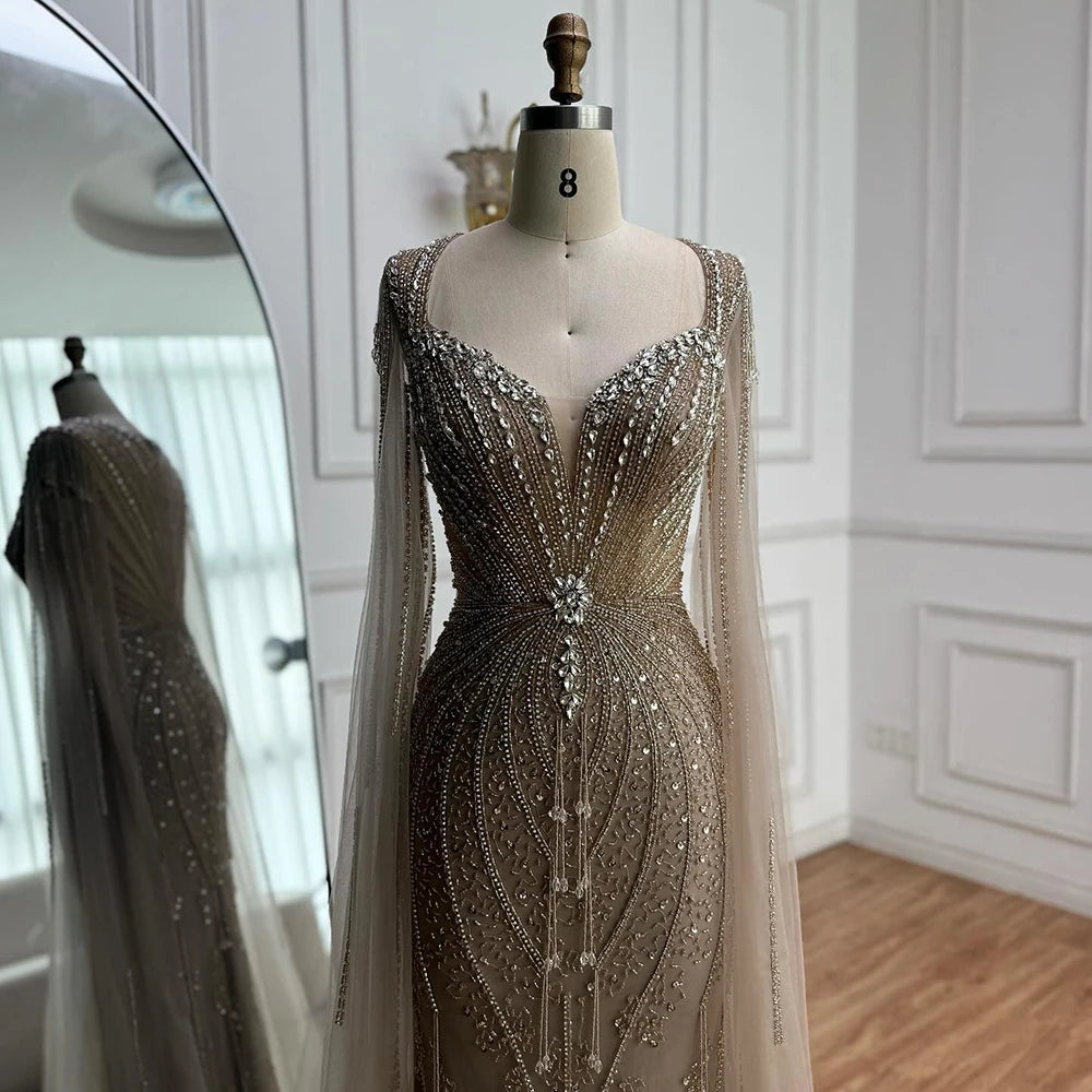 Elegant Beige Beaded Evening Dress with Cape Sleeves - LA72992 | Formal Gown for Prom, Wedding & Special Occasions