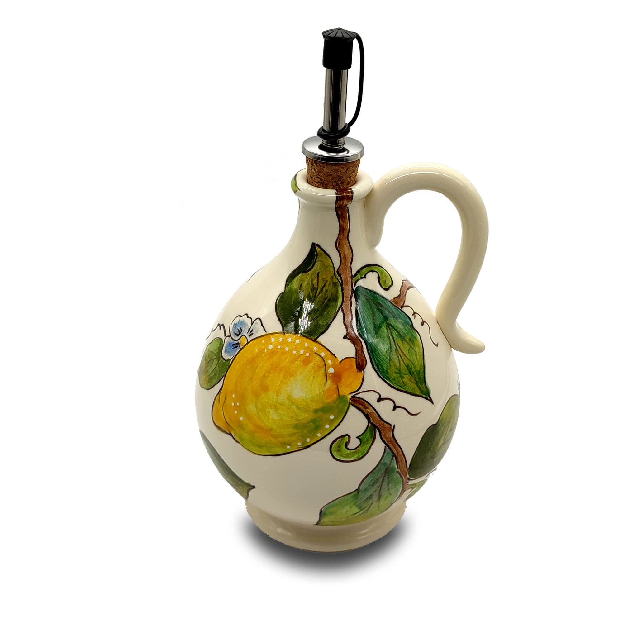 Italian Ceramic Olive Oil Dispenser Bottle XL Size 14oz - Hand Painted Tuscan Kitchen Oil Cruet with Lemon Creme Design - Authentic Italian Pottery from Tuscany - Perfect for Cooking, Salad Dressing & Gourmet Meal Presentation