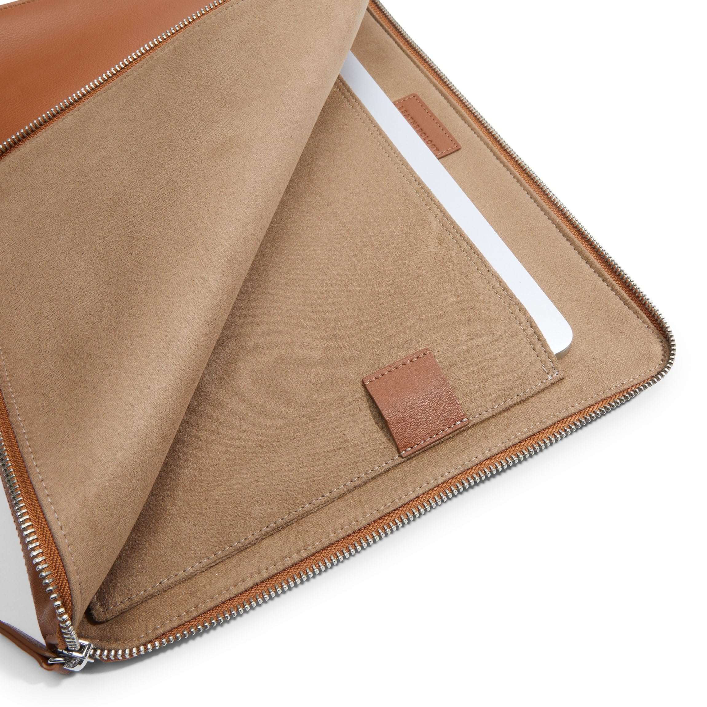 Premium Cognac Leather Zippered Document Holder with Interior Pocket for Tablet - Perfect for Business, Travel & Office Organization