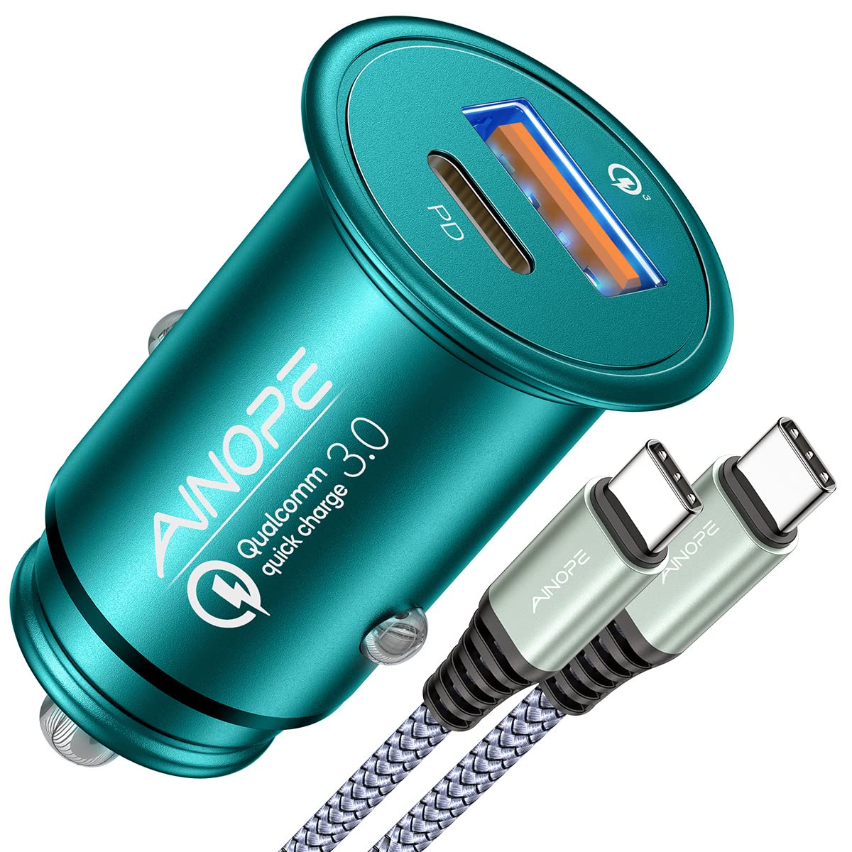 AINOPE 67.5W Fast Car Charger with Dual USB-C Ports - QC3.0 Quick Charge for iPhone 16/15, Samsung Galaxy & Android - Compact Cigarette Lighter Adapter (Green) - Perfect for Road Trips & Daily Commutes