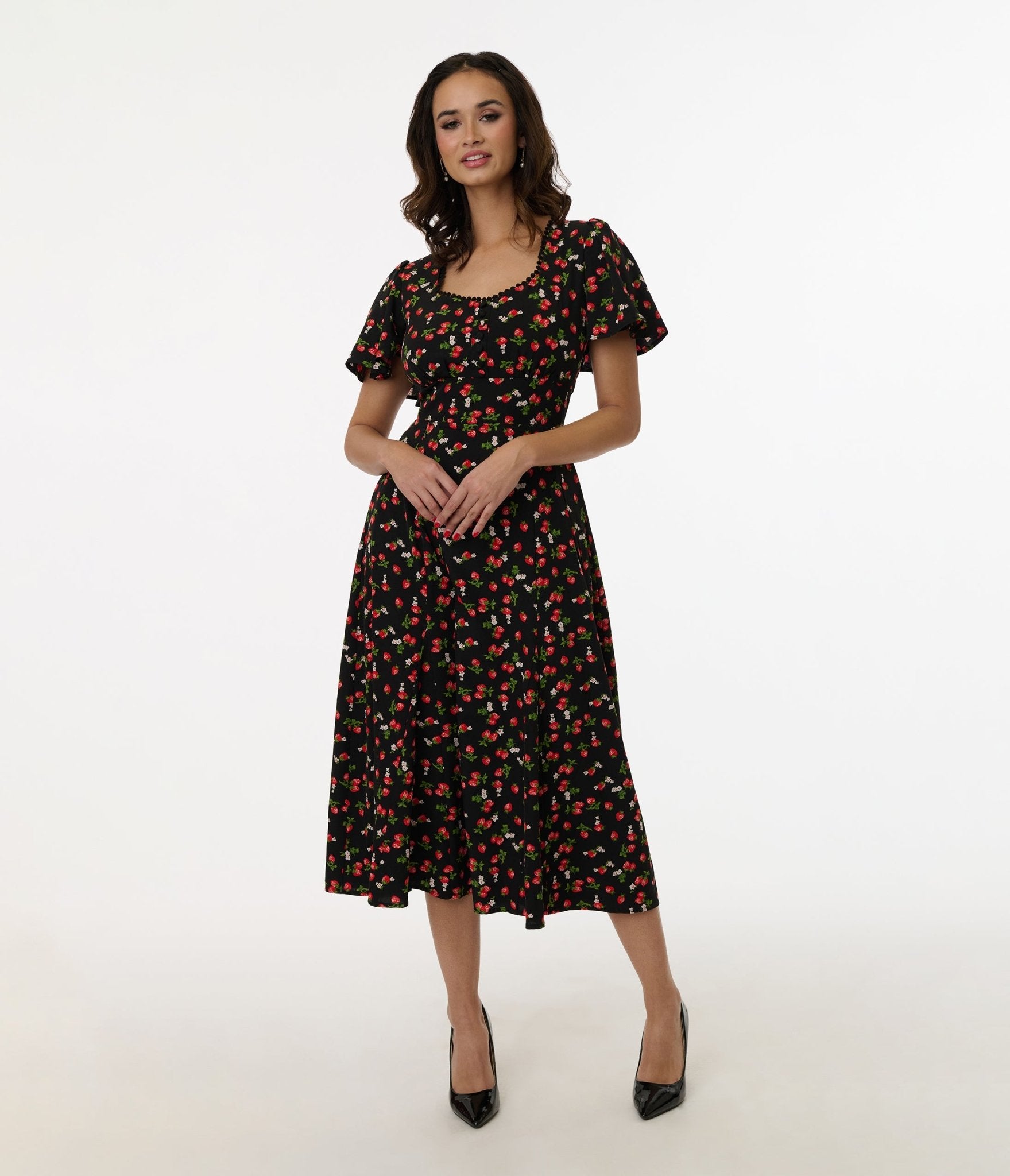 Vintage 1940s Black & Strawberry Print Midi Dress - Retro Swing Dress for Women | Perfect for Tea Parties, Cocktail Events & Vintage Fashion Lovers