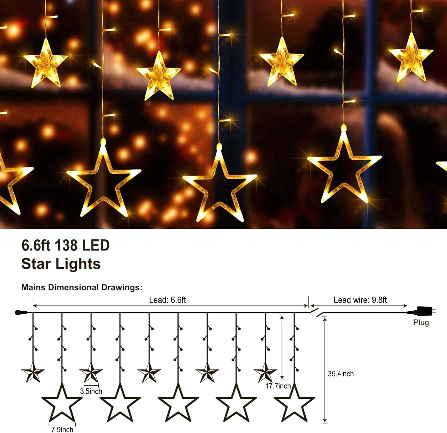 Quntis 138LEDs 12 Star Connectable Christmas Curtain Lights - 6.6ft LED String Lights with 8 Flashing Modes, Warm White Indoor/Outdoor Decorative Lighting for Bedroom, Window, Diwali, Christmas, Wedding, Party & Garden Decor