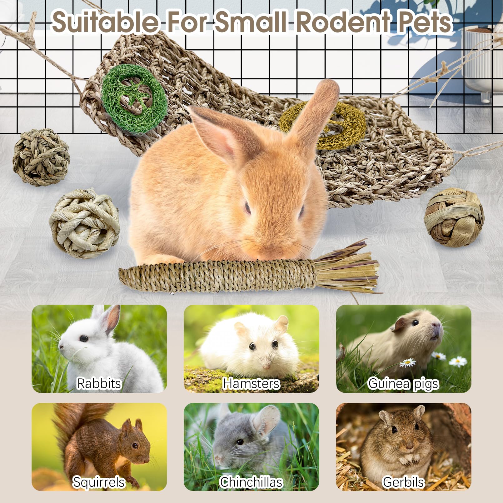 Hamiledyi Natural Seagrass Rabbit Chew Toy - Hanging Bunny Activity Mat for Teeth & Enrichment | Small Animal Toys for Chinchillas, Guinea Pigs, Hamsters, Rats | Perfect for Cage Hanging & Playtime Stimulation