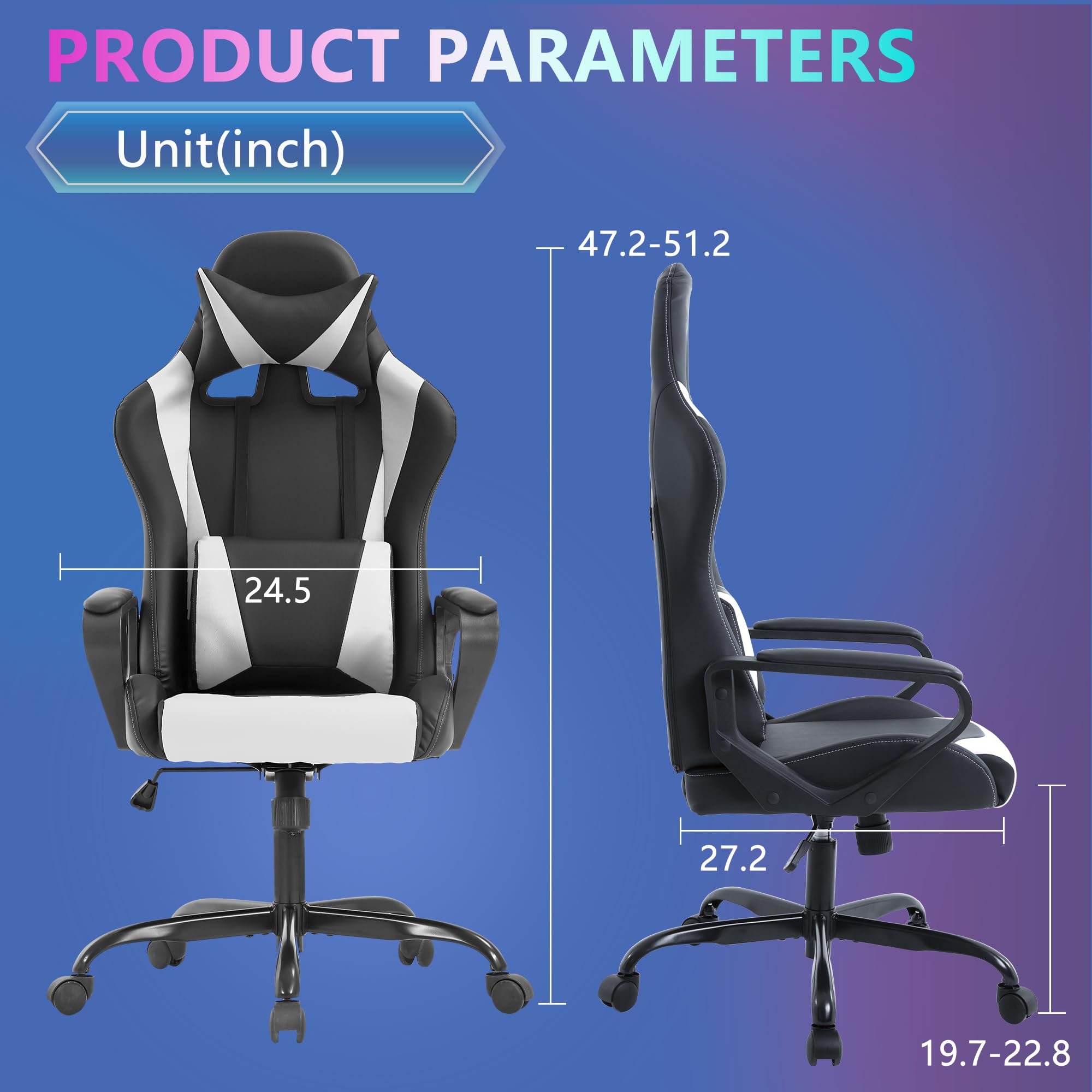 Ergonomic Gaming Chair - Racing Style Computer Desk Chair with Adjustable Armrests, 360° Swivel & Smooth Casters, PU Leather Executive Office Chair with Headrest & Lumbar Support for Back Pain Relief - Perfect for Home Office, Gaming Setup & Workstation (White)