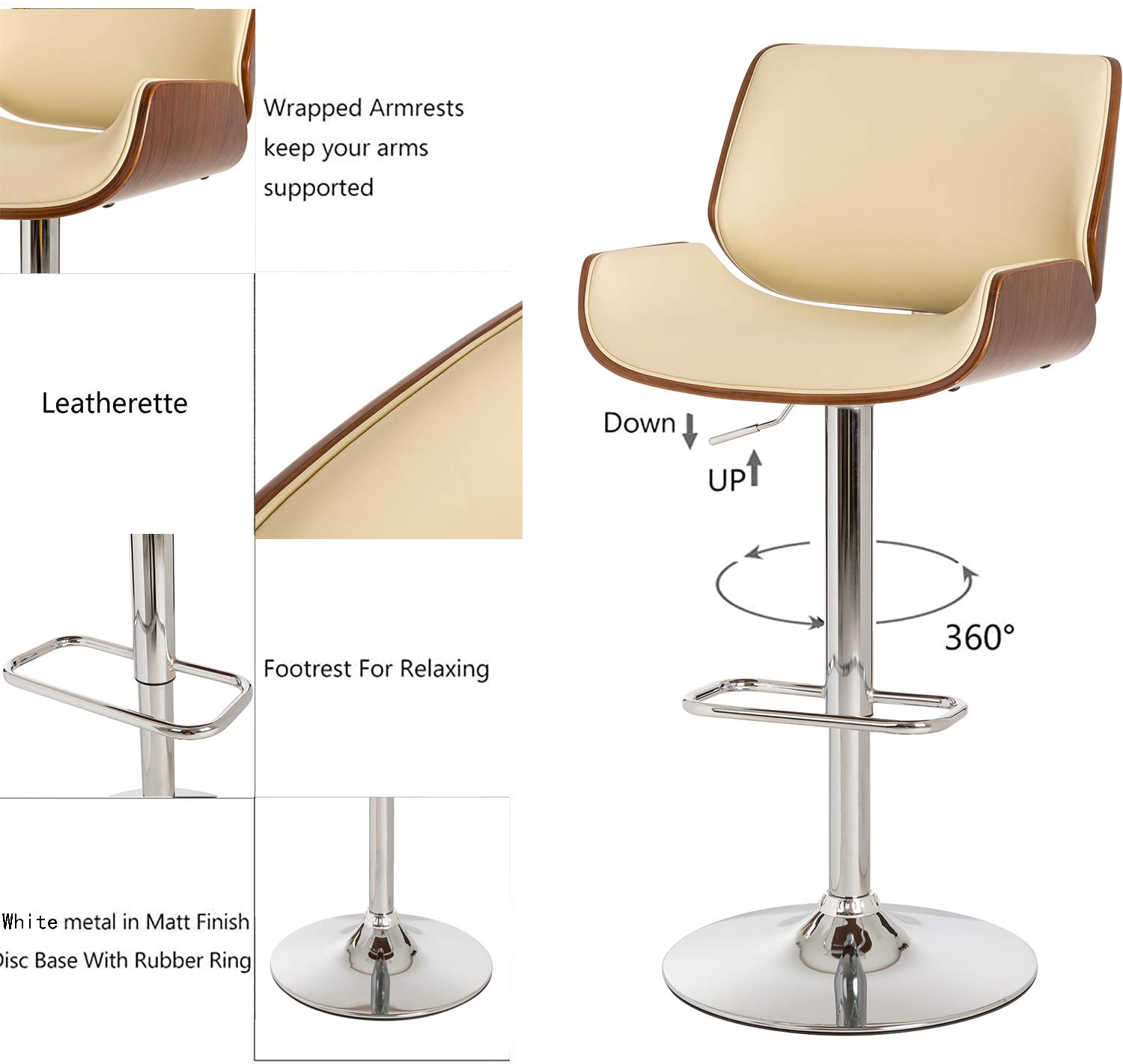 Glitzhome Adjustable Bar Stool Set of 2 - Swivel Mid-Century Modern PU Leather Counter Height Dining Chairs with Back Support - Perfect for Kitchen Island, Breakfast Nook & Home Bar Decor