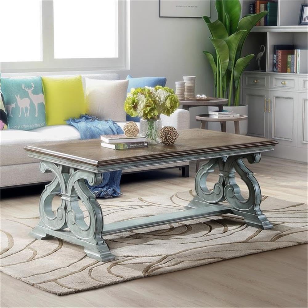 Furniture of America Adelman Solid Wood Coffee Table - Oak & Antique Blue Finish | Rustic Living Room Centerpiece for Home Decor