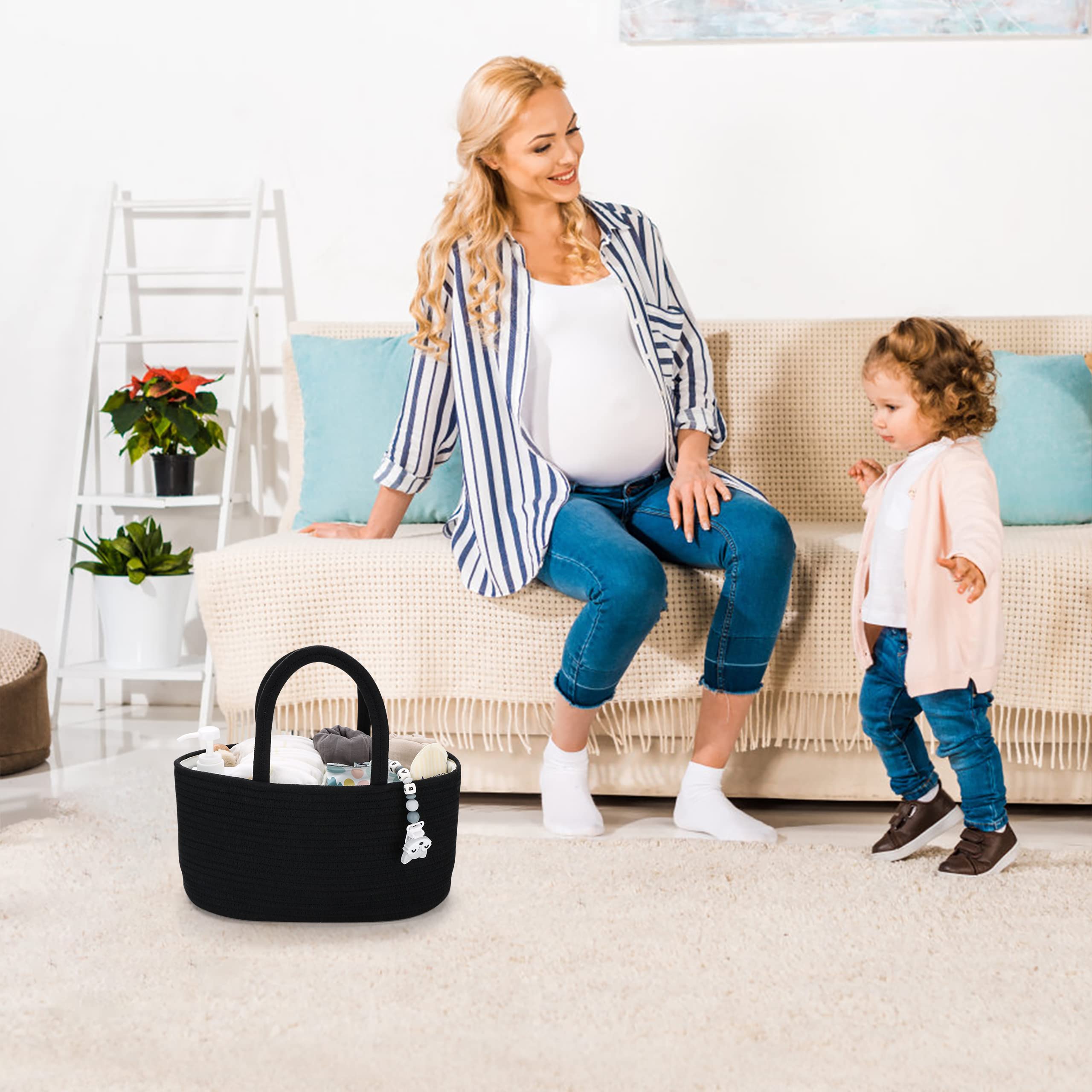 **Portable Baby Diaper Caddy Organizer - Cotton Rope Storage Bin Basket for Nursery, Changing Table & Travel - Perfect Baby Shower Gift & Registry Must-Have (Black)**    *(Great for organizing diapers, wipes, creams & newborn essentials at home or on-the-go!)*