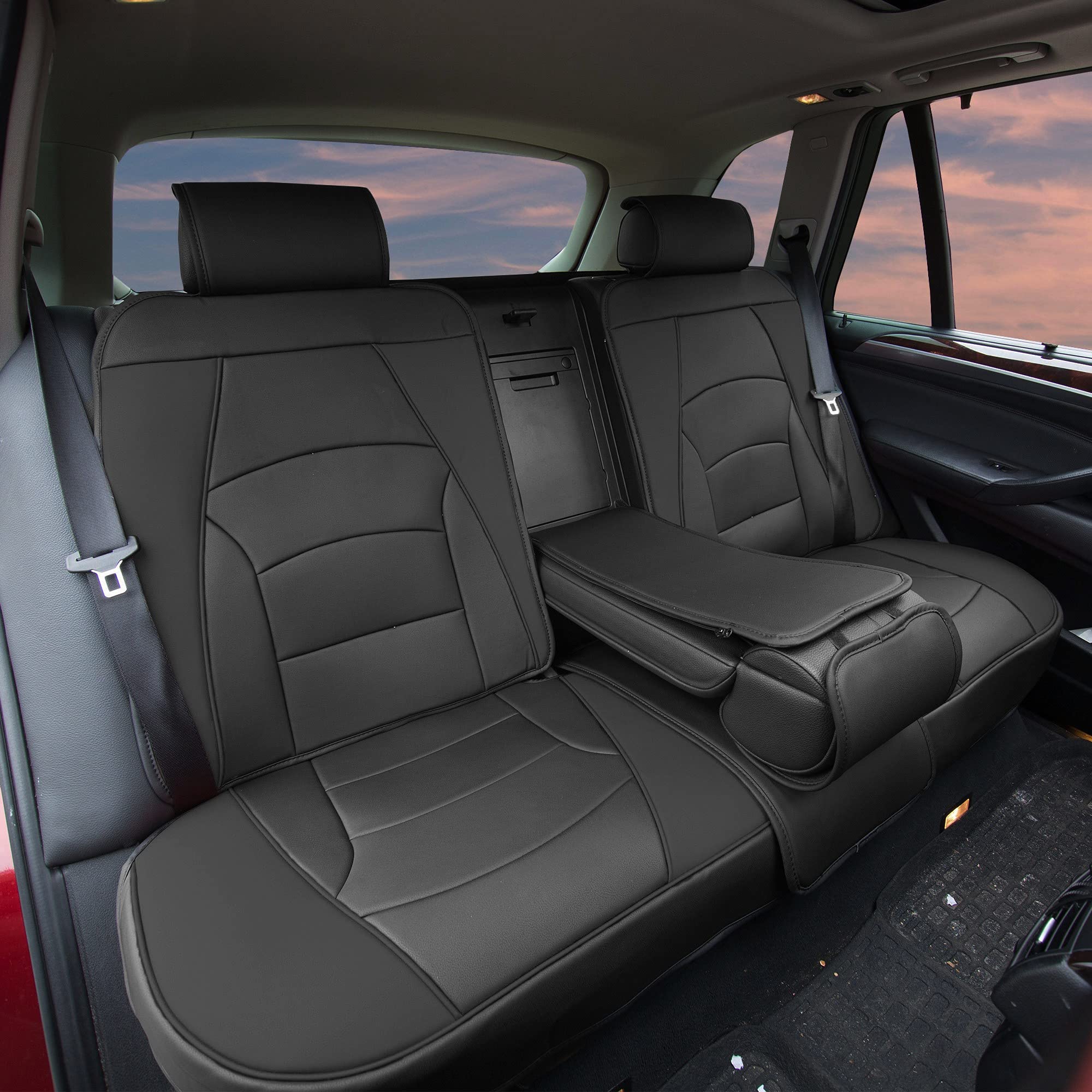 TLH Ultra Comfort Leatherette Solid Black Car Seat Cushions Set with Non-Slip Dash Mat - Universal Fit for Cars, Trucks & SUVs - Waterproof Faux Leather Seat Covers for Driving Comfort & Long Trips