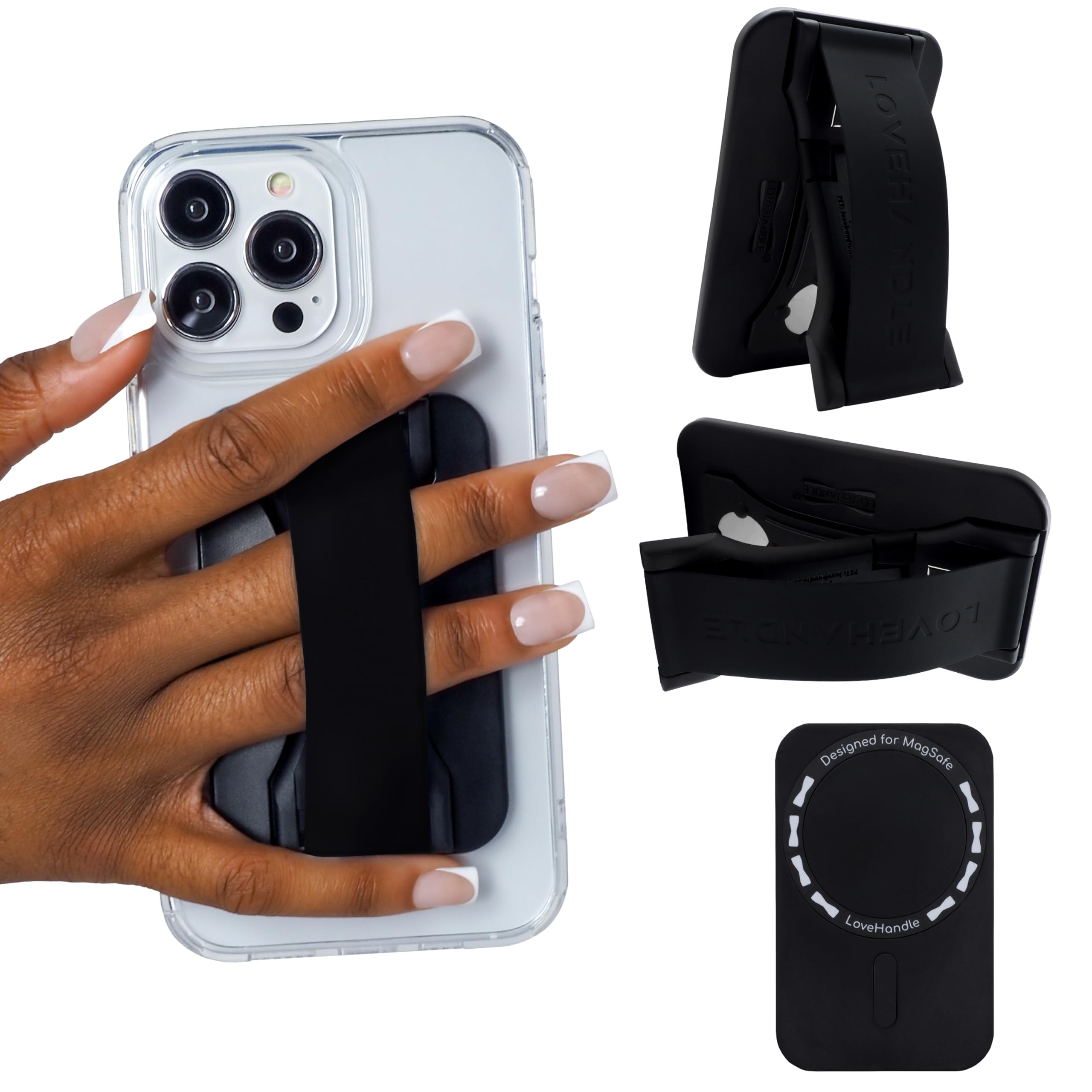 LoveHandle PRO Magnetic Phone Grip with Kickstand - MagSafe Compatible Phone Mount, Stand & Strap for iPhone & Tablets - Includes MagSafe Ring - Universal Fit for All Devices - Soft Black Silicone - Perfect for Driving, Video Calls & Hands-Free Use