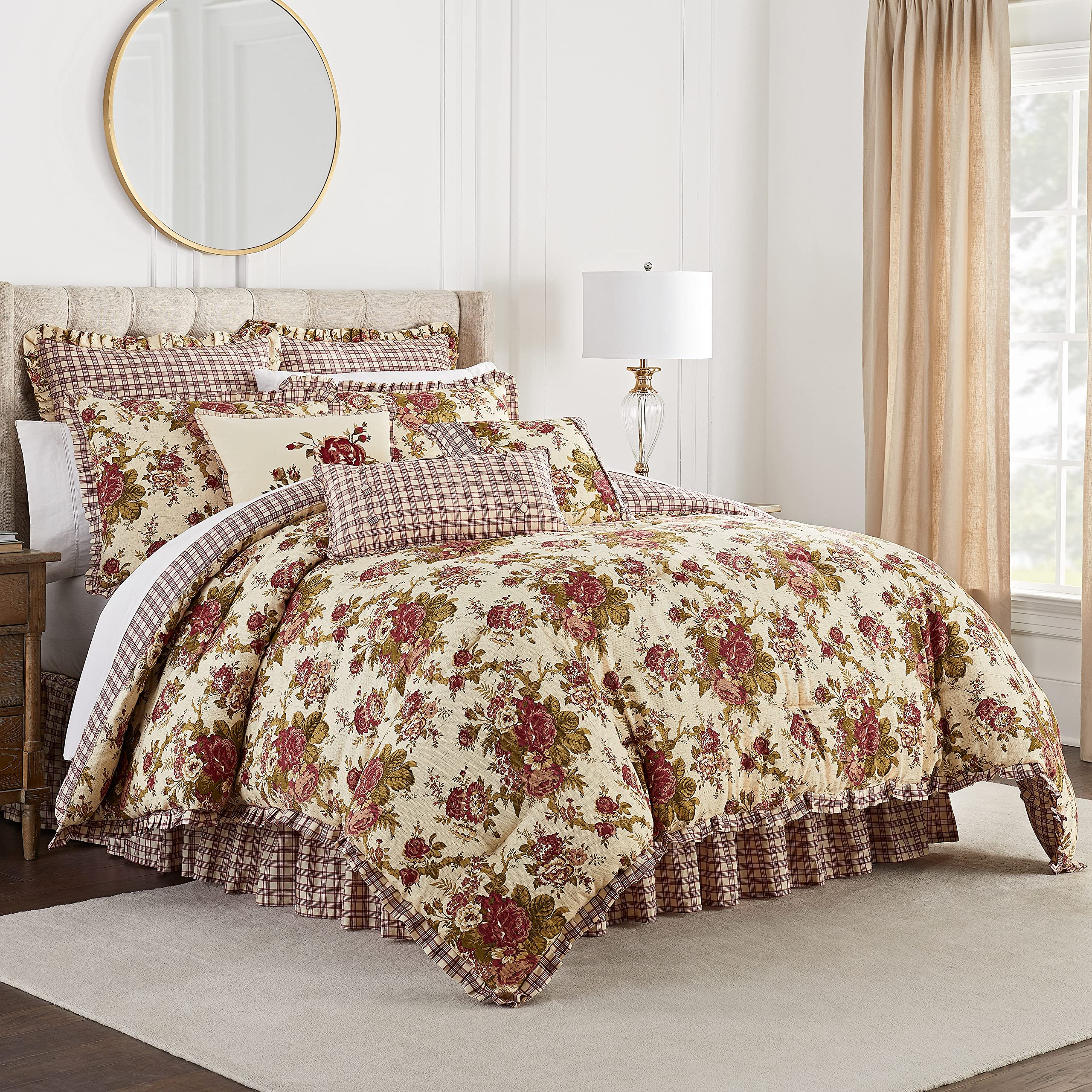 Waverly Norfolk Modern Farmhouse Floral 4-Piece Reversible Comforter Set - King Size, Tea Stain Design - Perfect for Bedroom Decor, Guest Rooms & Cozy Farmhouse Style Homes