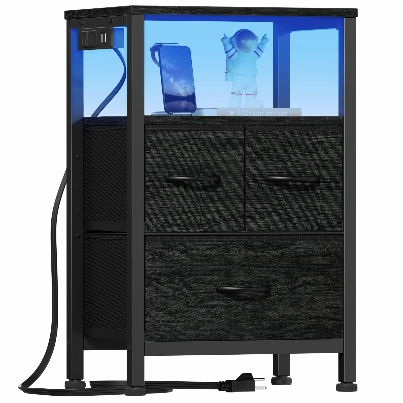 Modern Black Nightstand with Wood Shelf - LED Light & USB Charging Station, 25.8 Inch Bedside Table with 3 Fabric Storage Drawers - Perfect Small End Table for Bedroom, Living Room & Apartment Furniture - Ideal for Reading, Charging Devices & Organizing Essentials