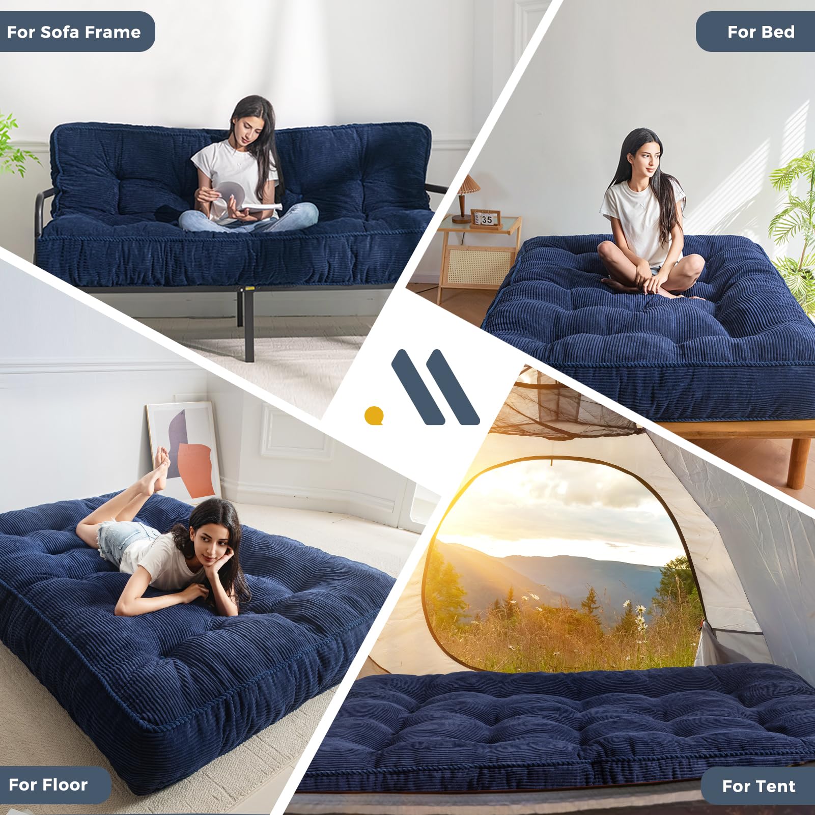 MAXYOYO 8-Inch Tufted Futon Sofa Bed with Thick Corduroy Fabric - Convertible Floor Mattress for Adults (Navy Blue) - Perfect for Small Spaces, Guest Rooms & Dorm Rooms