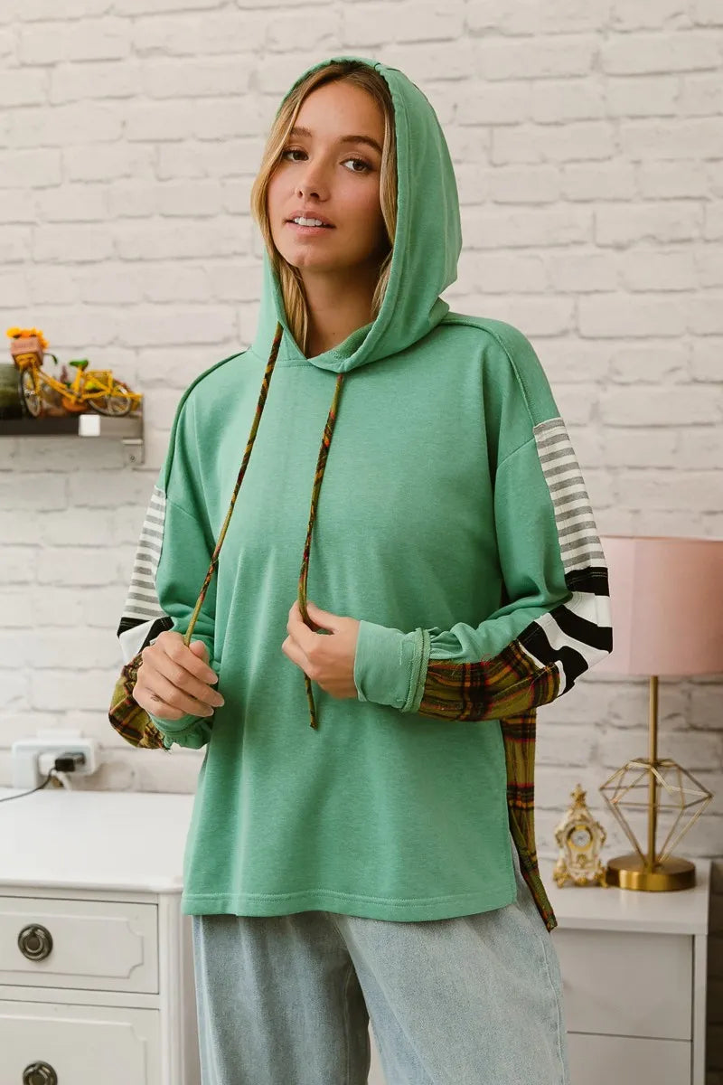 BiBi Plaid & Stripes French Terry Hoodie for Women | Cozy Mix & Match Pullover | Perfect for Casual Outfits, Loungewear & Fall Layering