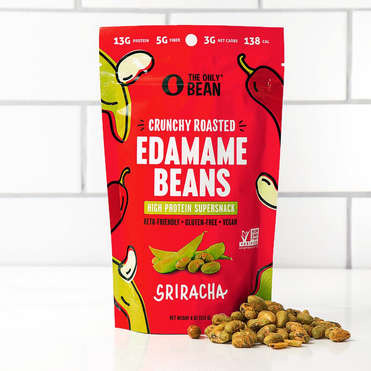 Crunchy Roasted Edamame Snacks - Sriracha Flavor | High Protein (13g), Keto Friendly (2g Net Carbs), Vegan & Plant-Based | Perfect for Office Snacks, Healthy On-the-Go Protein Chips, Post-Workout Fuel & Spicy Snack Lovers | 4oz (3 Pack)