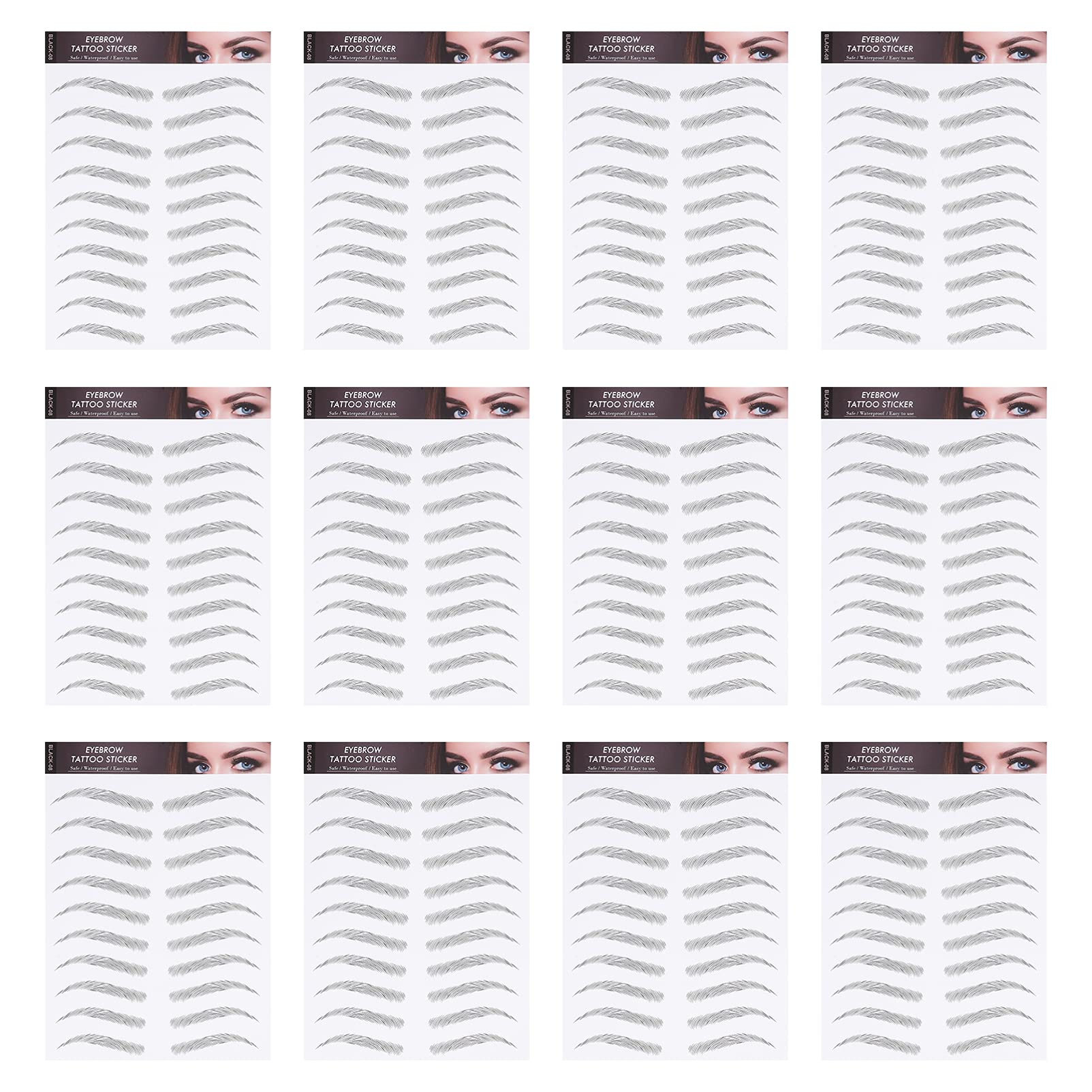 12 Sheets Waterproof Eyebrow Stickers - Natural Hair-Like 3D Effect for Men & Women - Black Eyebrow Shaping Tool with Strong Hold - Perfect for Daily Makeup, Cosplay, and Special Occasions