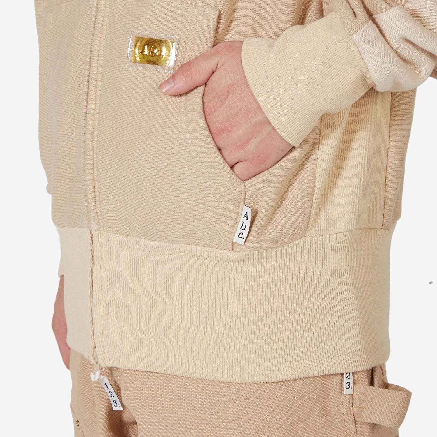 Tri-Tone Zip Up Hoodie for Men & Women - Feldspar & Ecru Color Block Design - Stylish Casual Wear for Outdoors, Gym, and Everyday Fashion