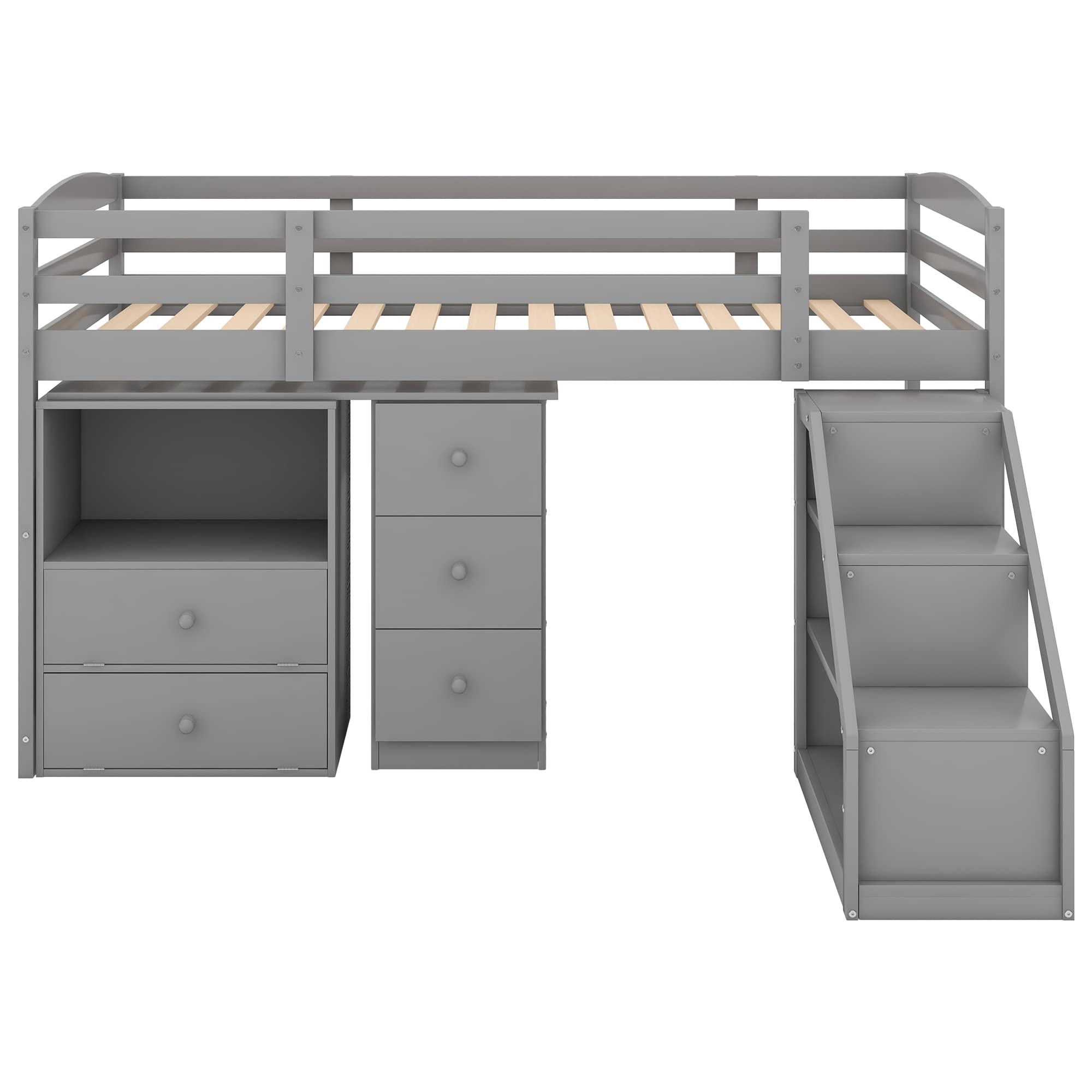 Twin Size Loft Bed with Built-in Desk & Staircase - Space Saving Multifunctional Furniture for Kids & Teens - Perfect for Small Bedrooms, Dorms & Apartments - Gray (Old SKU: GX000925AAK)