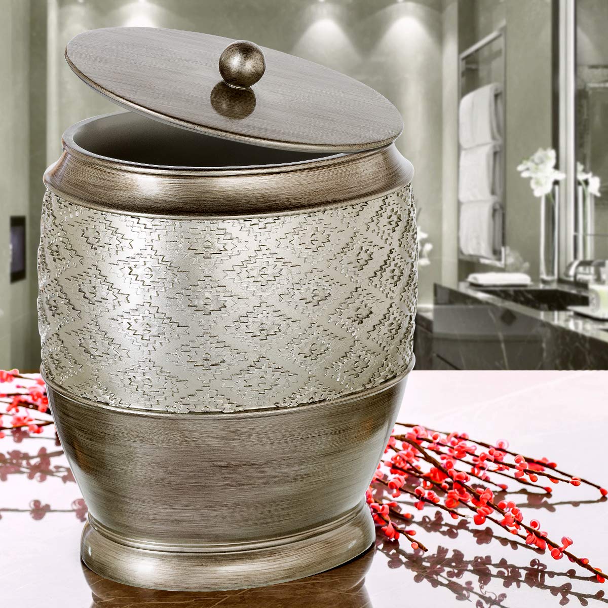Creative Scents Dublin Silver Small Bathroom Trash Can with Lid - Brushed Stainless Steel Bathroom Garbage Bin - Decorative Waste Basket for Bathroom, Bedroom & Office - Durable Wastebasket for Paper, Diapers & Tissues | Perfect for Home, Hotel & Spa Decor