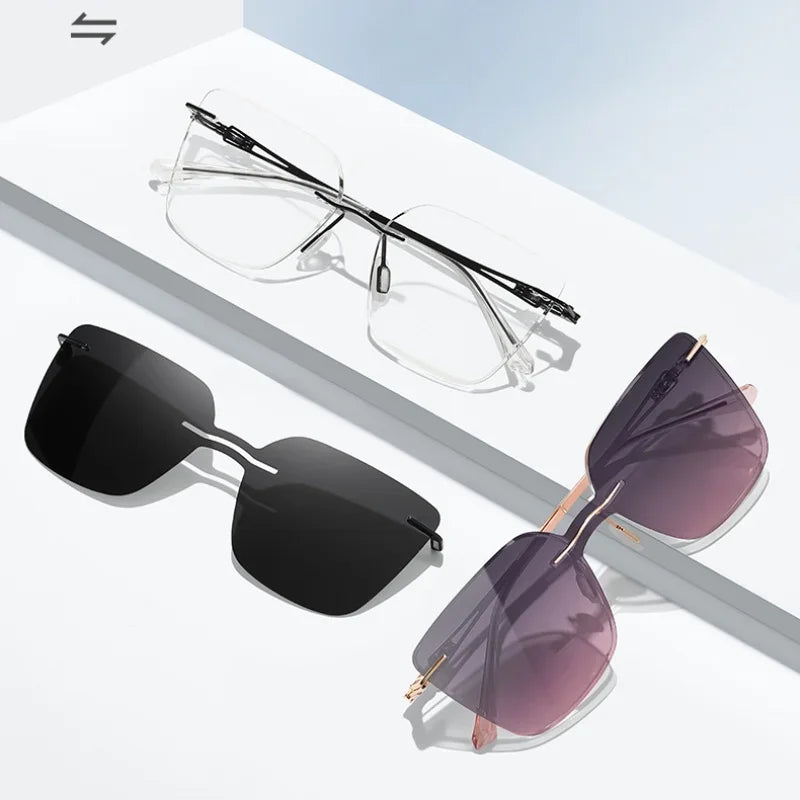 Aror Women's Rimless Square Steel Eyeglasses with Clip-On Sunglasses - Stylish UV Protection Eyewear for Driving, Reading & Outdoor Activities (Model 47021)