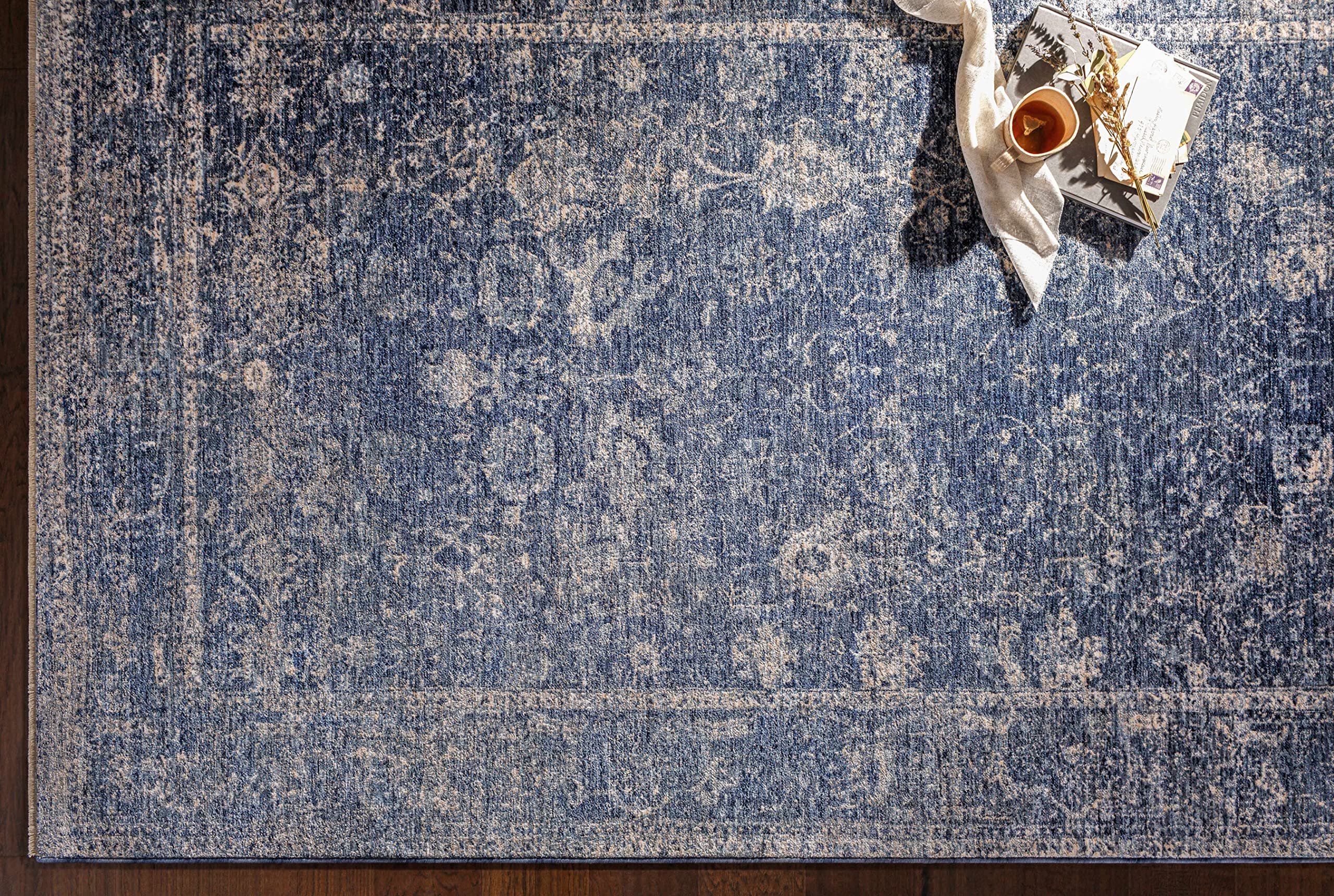 Hauteloom Eastham Traditional Blue Beige Area Rug 8' x 10' - Soft Living Room & Bedroom Carpet - Perfect for Home Decor, Cozy Spaces & Modern Interiors