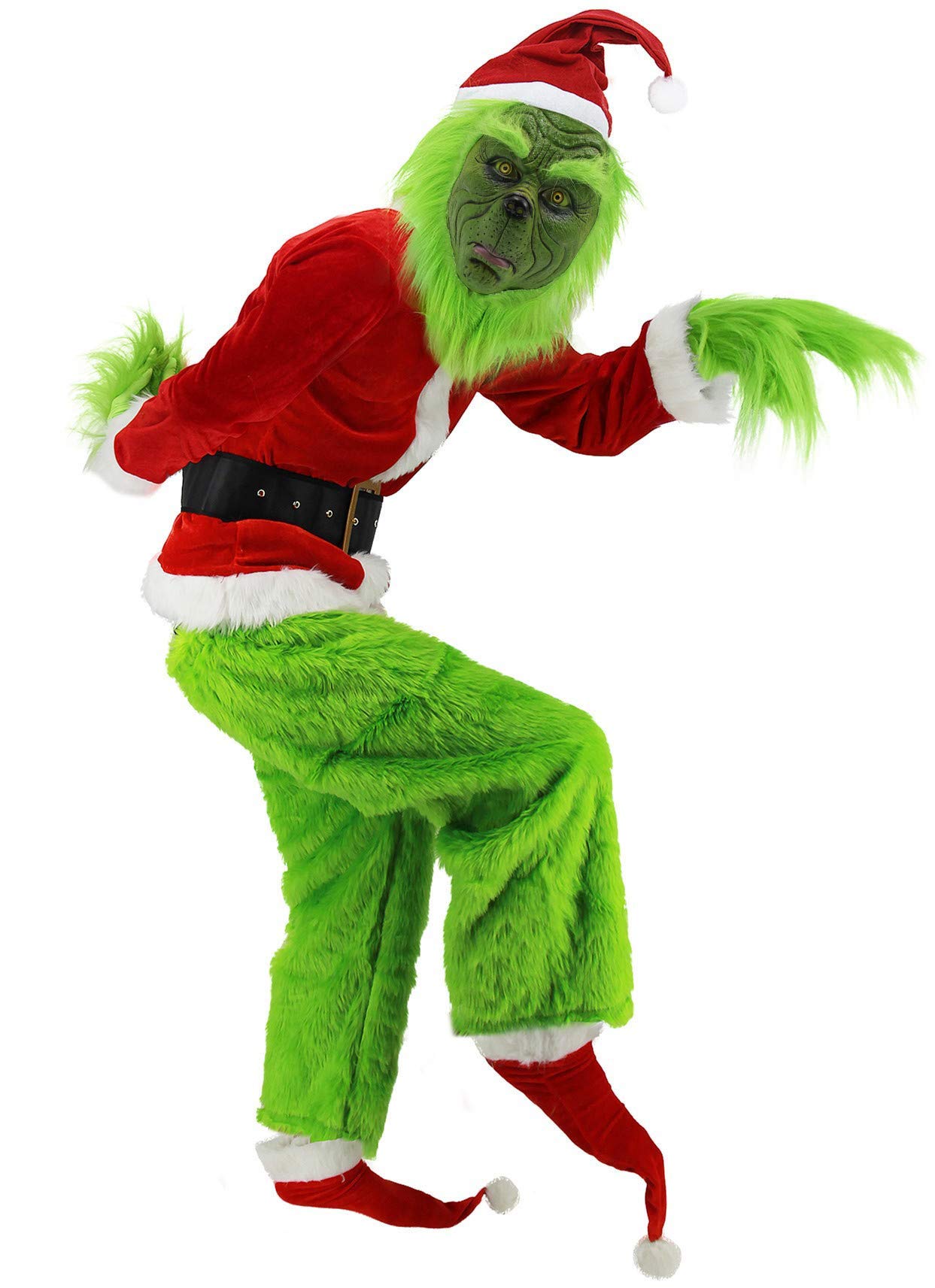Green Monster Costume for Men - 7-Piece Christmas Santa Suit with Deluxe Furry Outfit & Green Mask | Halloween Cosplay, Christmas Party, Themed Events